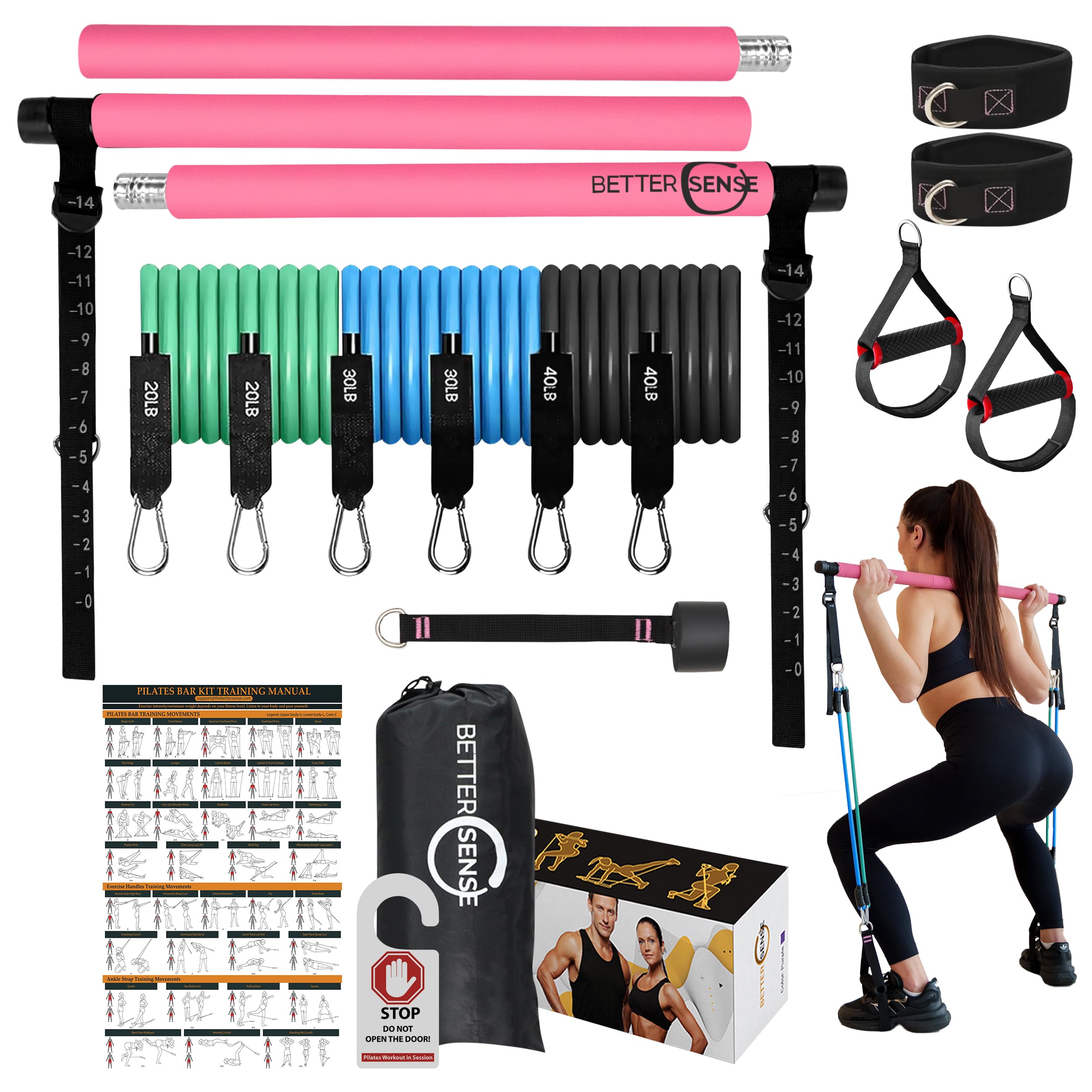 Pilates Bar Kit with Resistance Bands - Adjustable 39    Steel Bar & 6 Stackable Bands (40-180lbs), Full Body Pilates Kit for Ho