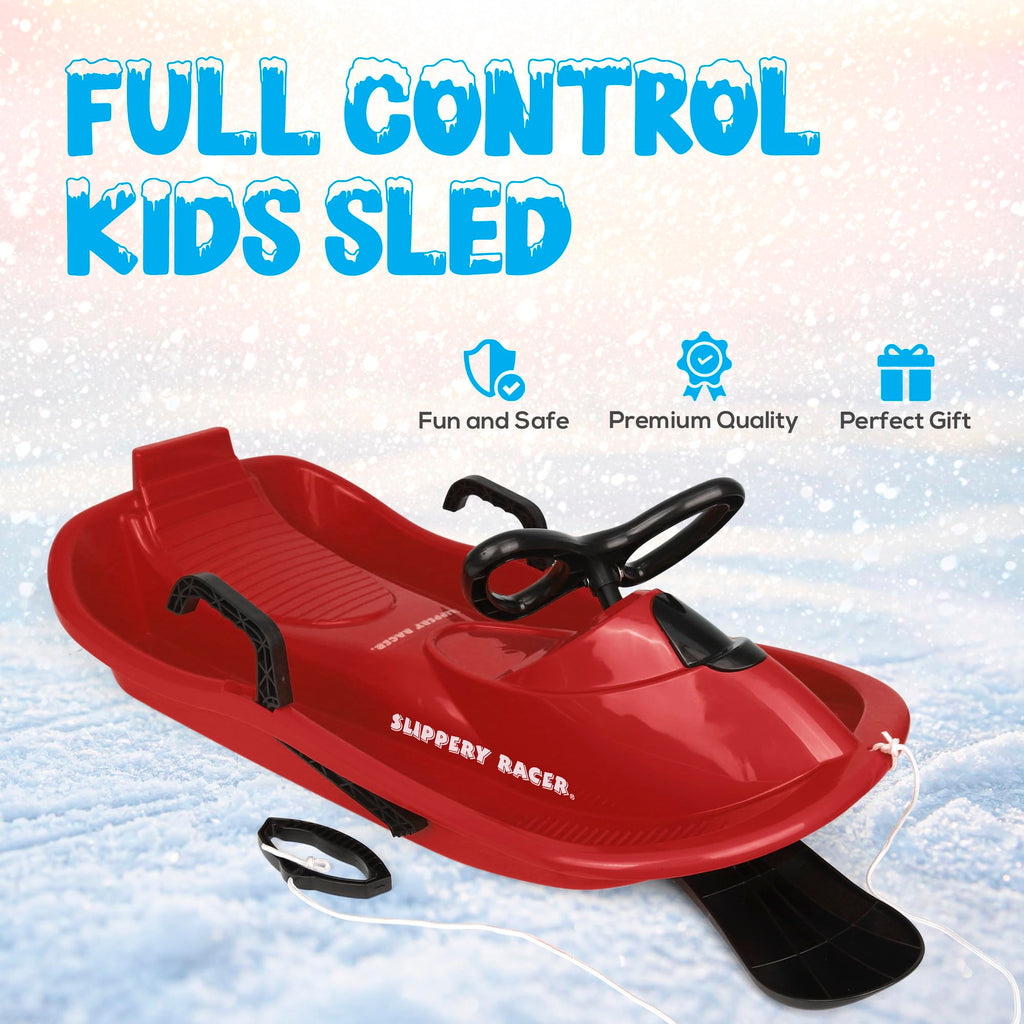 Slippery Racer Downhill Derby Flexible Kids Toddler Plastic Toboggan Steerable Plastic Snow Sled With Built-In Brakes And Steeri