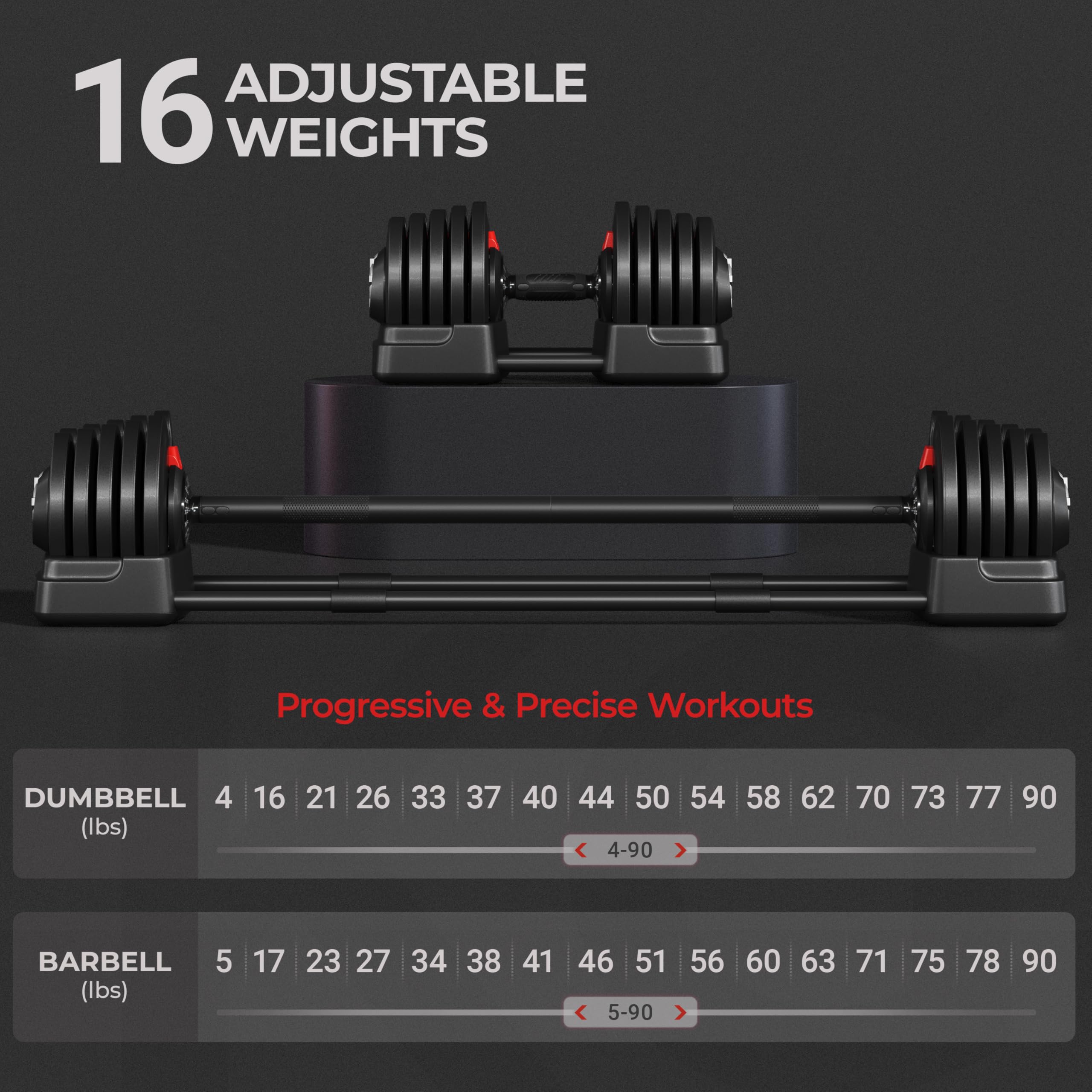 Yaheetech Adjustable Dumbbell Set 90lbs Fast Adjust Dumbbells 2 in 1 Dumbbell Weight Set Free Weight Set Used as Barbell, with T