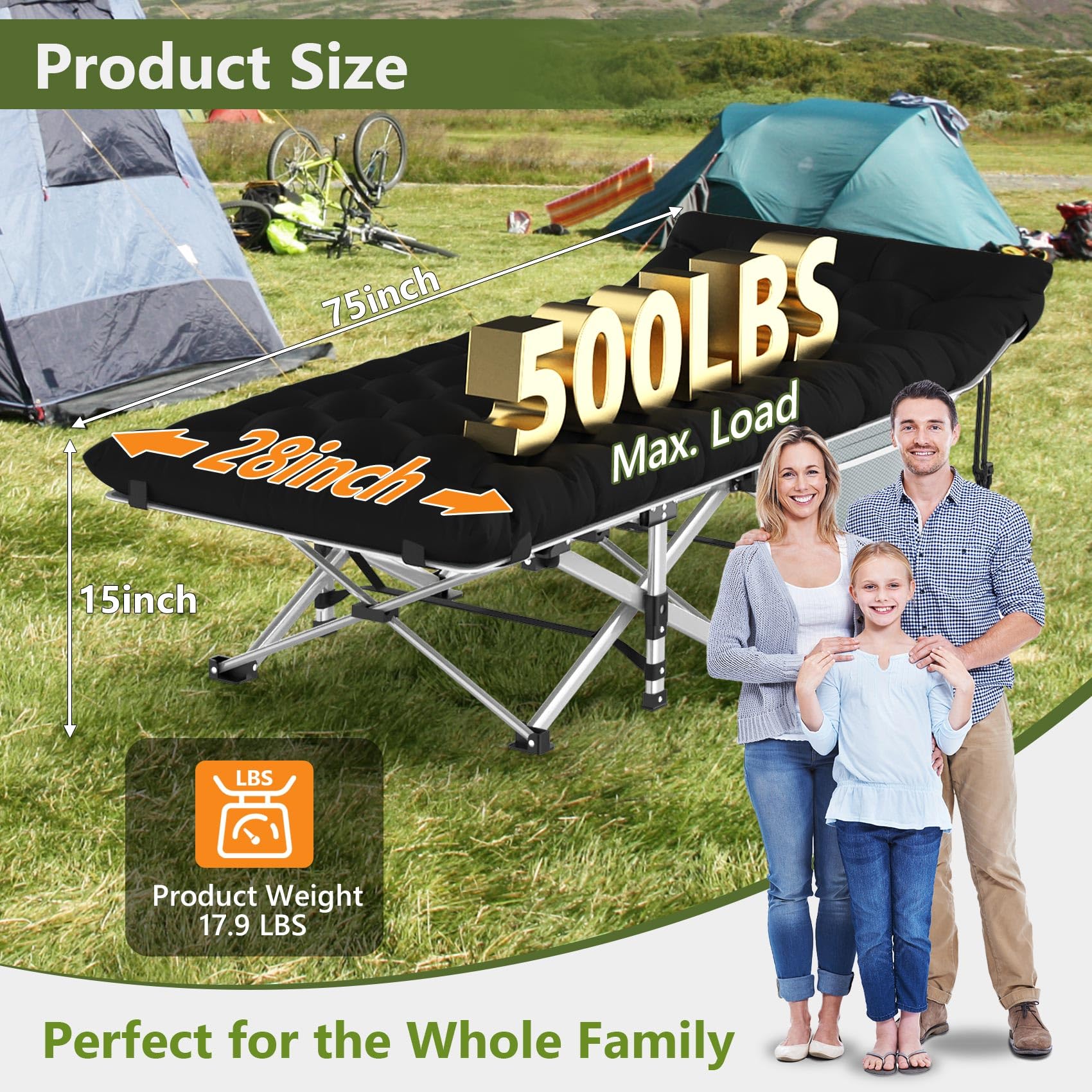 Slendor Camping Cot For Adults, 1200D Oxford Camping Bed With 3.5In Thick Mattress, 500Lbs Max Load, Folding Cot For Camping, Tr