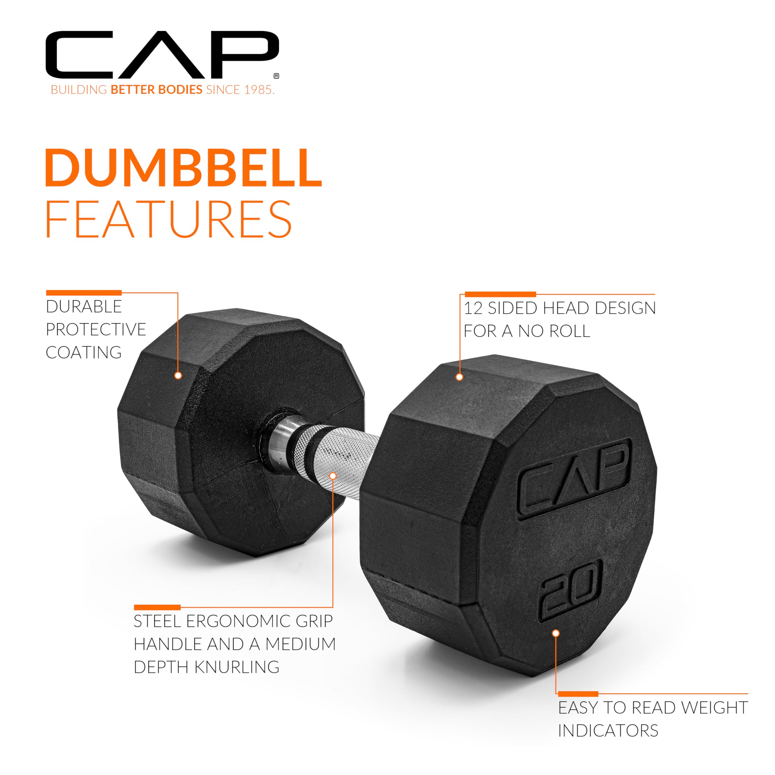 CAP Barbell 12-Sided Coated Dumbbell with Chrome Handle, Pair, 20 LB