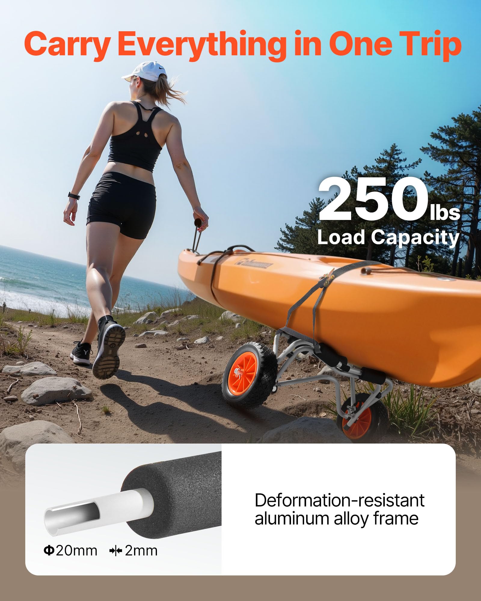 VEVOR Kayak Cart, 250 lbs Load Capacity, Foldable Kayak Trolley with 10-inch Solid Rubber Tires & 1 Ratchet Strap, Paddle Board