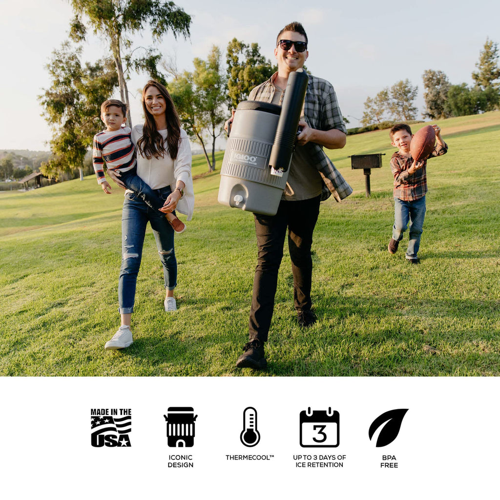 Igloo 5 Gallon Portable Sports Cooler Water Beverage Dispenser With Flat Seat Lid, Insulated Beverage Dispenser, Grey/Black