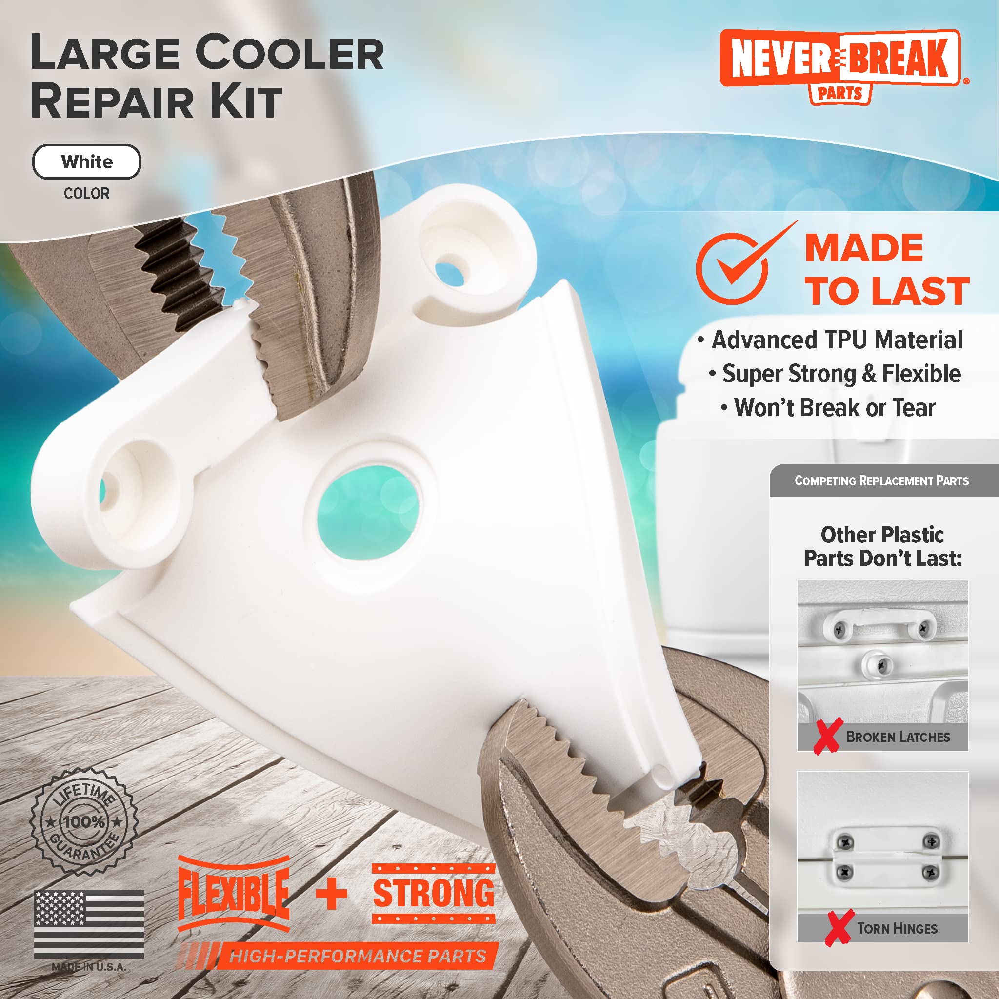 Neverbreak Parts - Igloo Cooler Replacement Parts - Large White Kit (3 Hinges, 2 Latches With Posts And Screws)  High Strength I