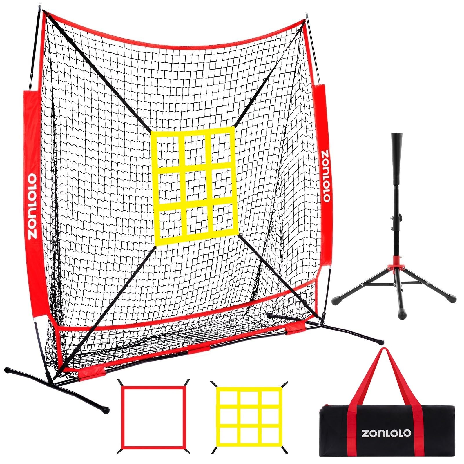 ZONLOLO 6x6ft Baseball & Softball Net for Hitting,Pitching and Batting, Throwing,Baseball net with Sturdy Bow Frame,Battting Tee