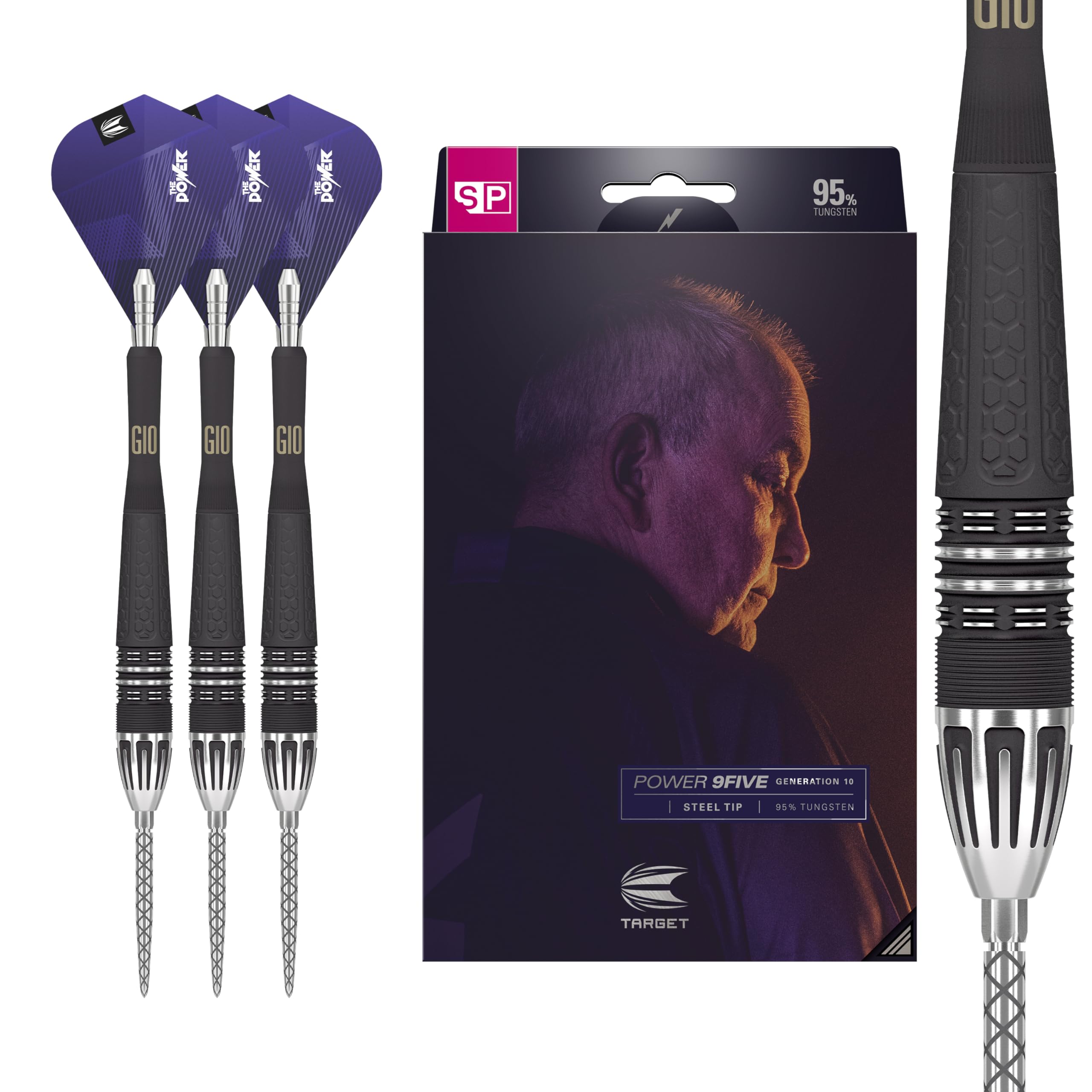 Target Darts Phil Taylor Power 9-Five Gen 10 26G 95% Tungsten Swiss Point Steel Tip Darts Set