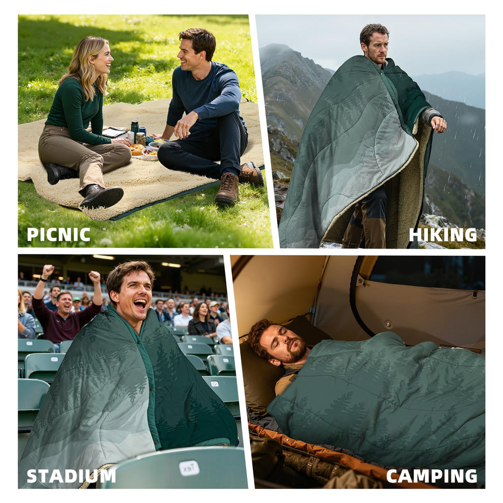 Kawagebo Kamp Outdoor Camping Blanket With Sherpa Lining, Extra Warm Thick Camp Blankets And Puffy Ultralight Soft Poncho Dwr Ca