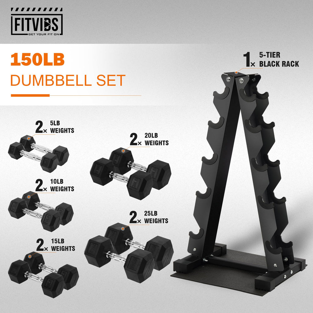 Fitvids Dumbbell Set with Rack  Dumbbell + A-Rack: 150LBS Set  Black
