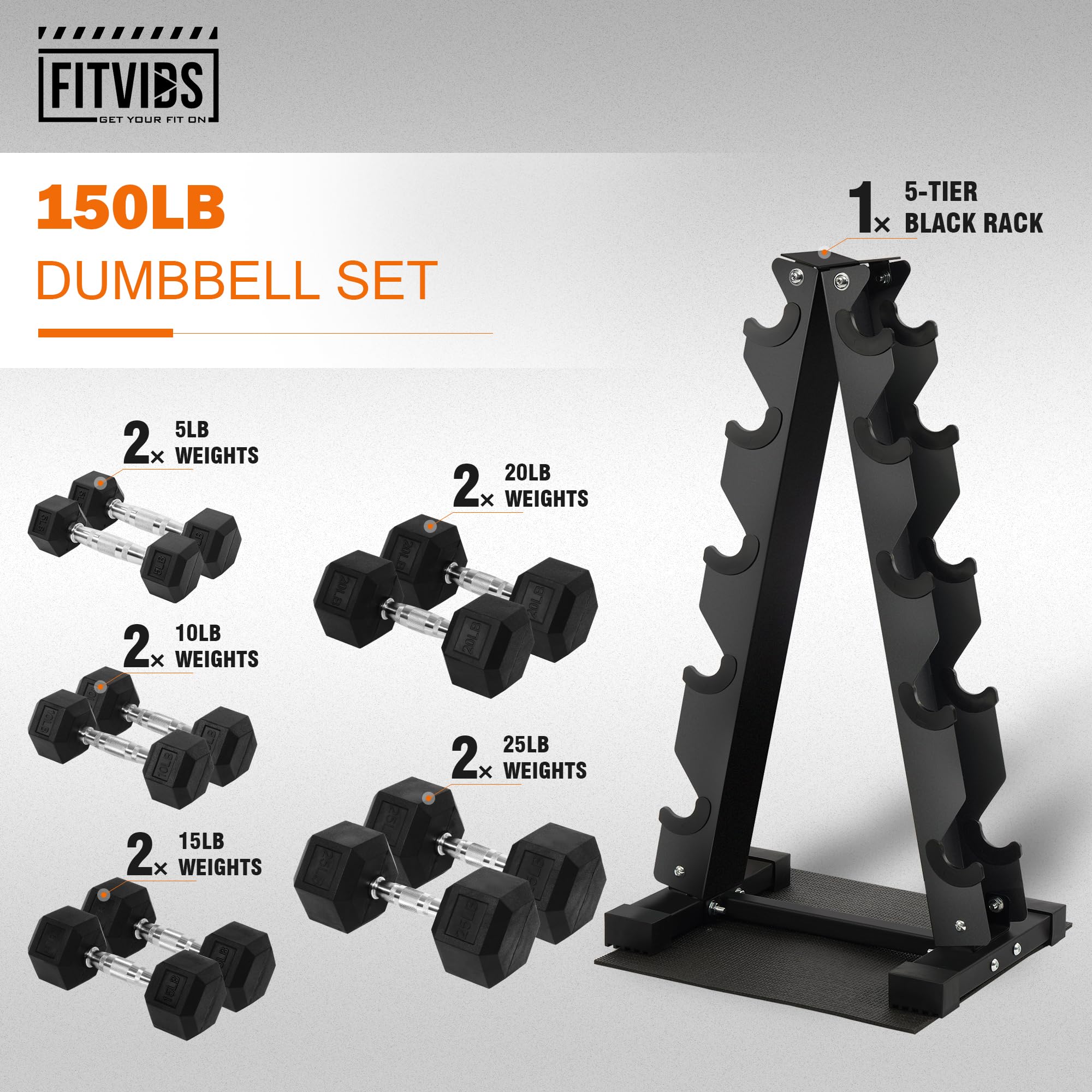 Fitvids Dumbbell Set with Rack  Dumbbell + A-Rack: 150LBS Set  Black