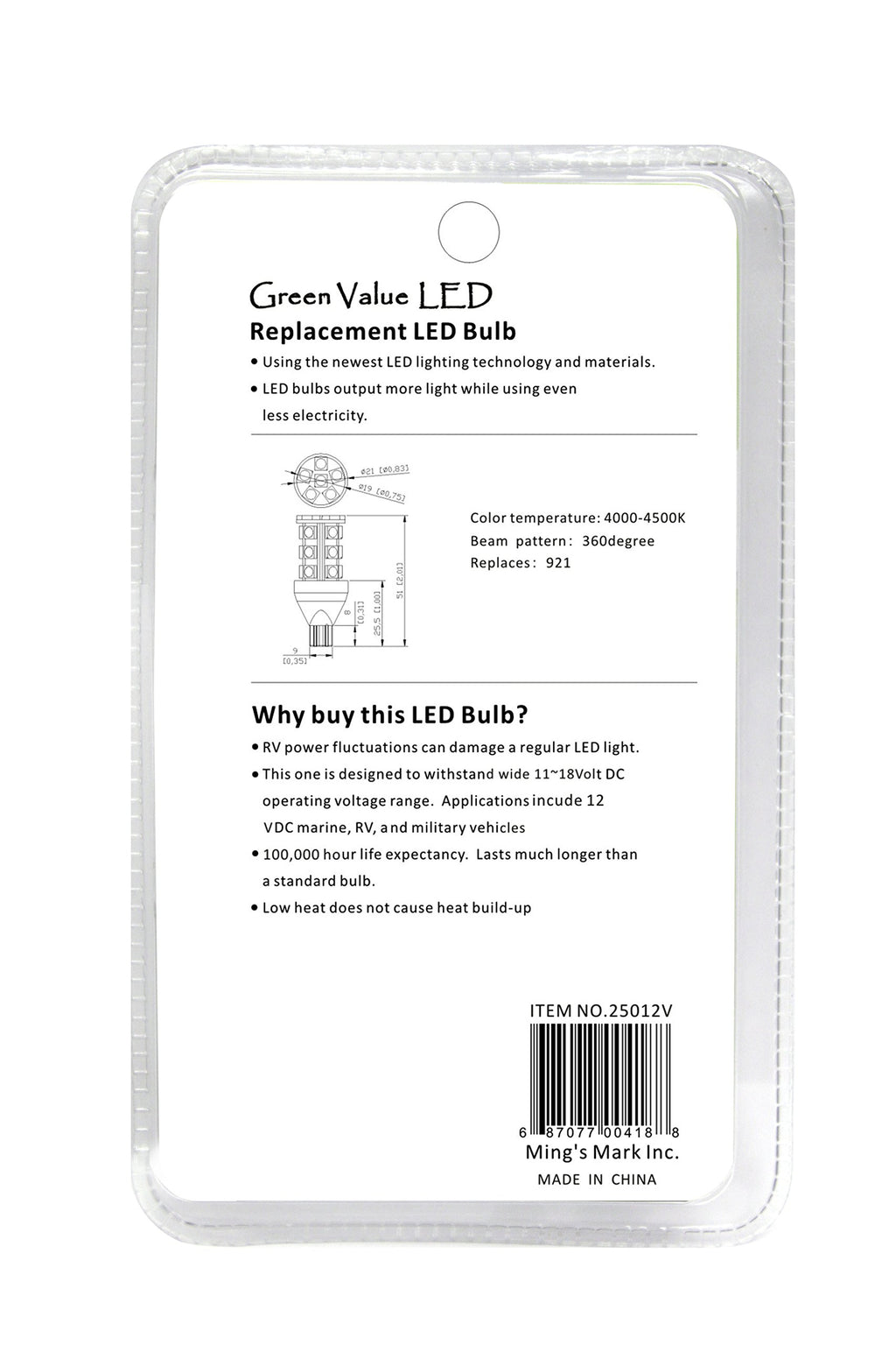 Ming'S Mark 25012V Led Bulb 921 Base - Natural White, Pack Of 6