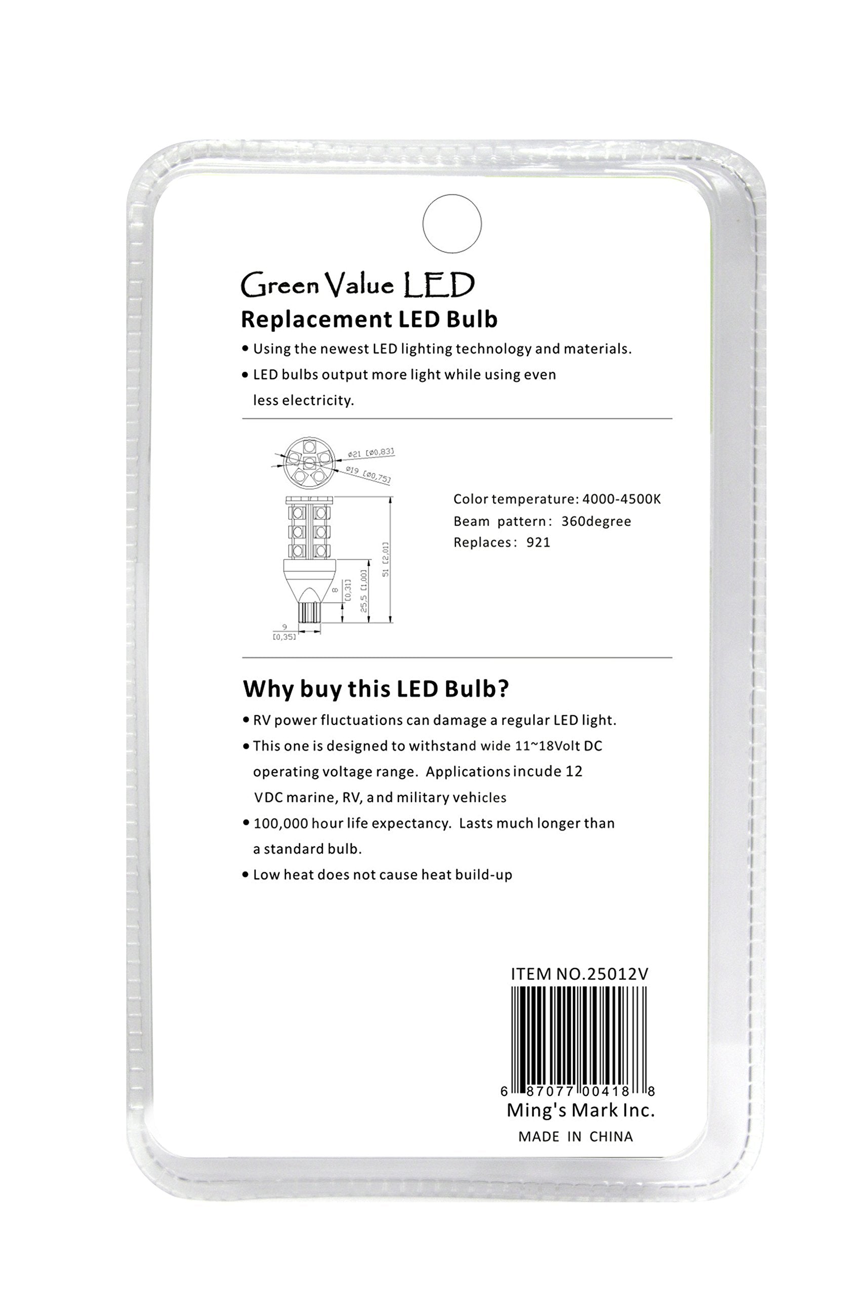 Ming'S Mark 25012V Led Bulb 921 Base - Natural White, Pack Of 6