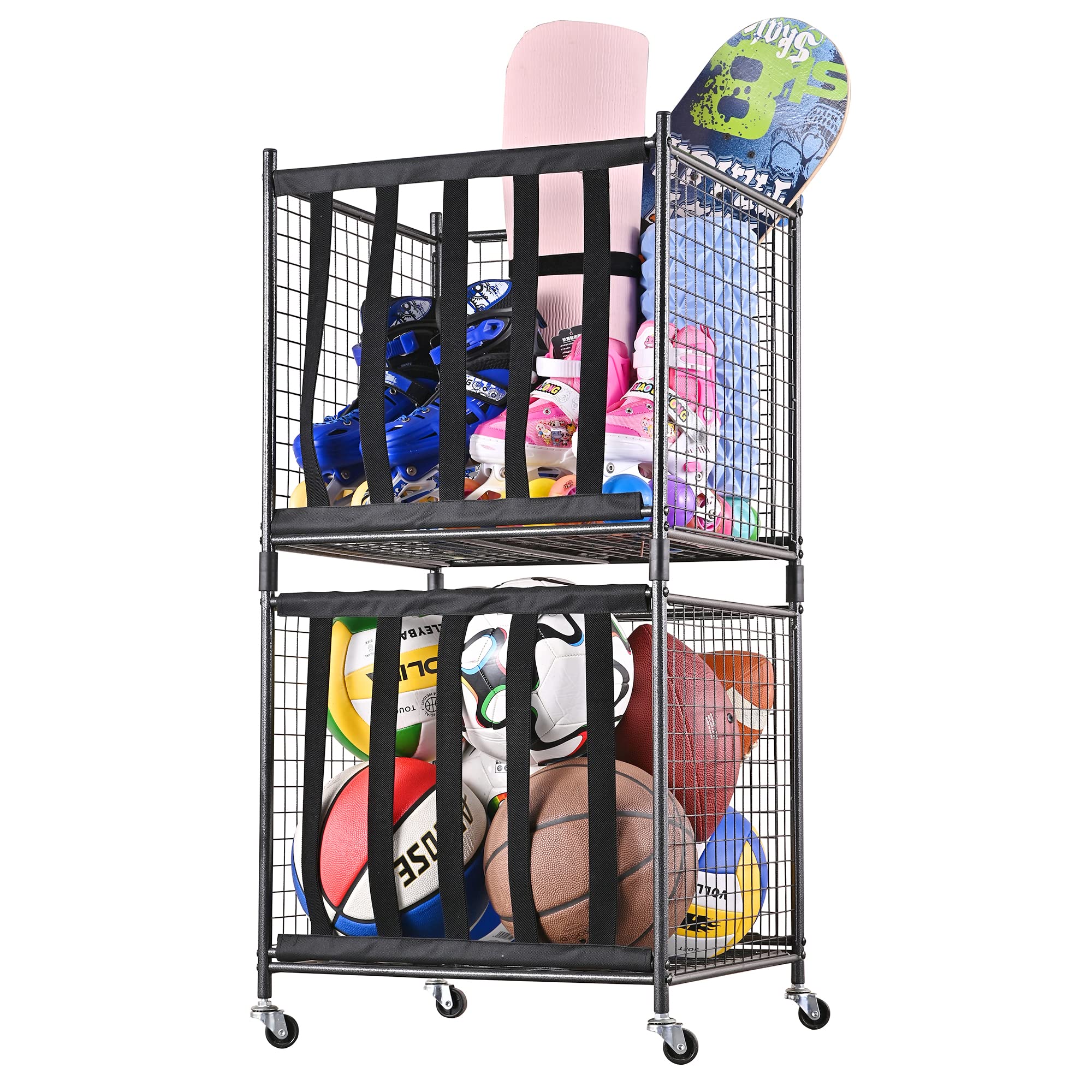 Mythinglogic Rolling Sports Ball Storage Cart, Sports Lockable Ball Storage Locker with Elastic Straps, Stackable Ball Cage for 