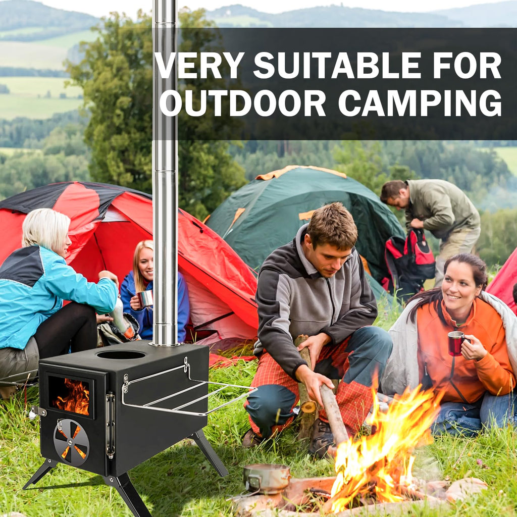 Womeyork Outdoor Camping Stove, Portable Wood Burning Stove With Chimney Pipe For Tent, Shelter, Heating And Cooking (Black-S)