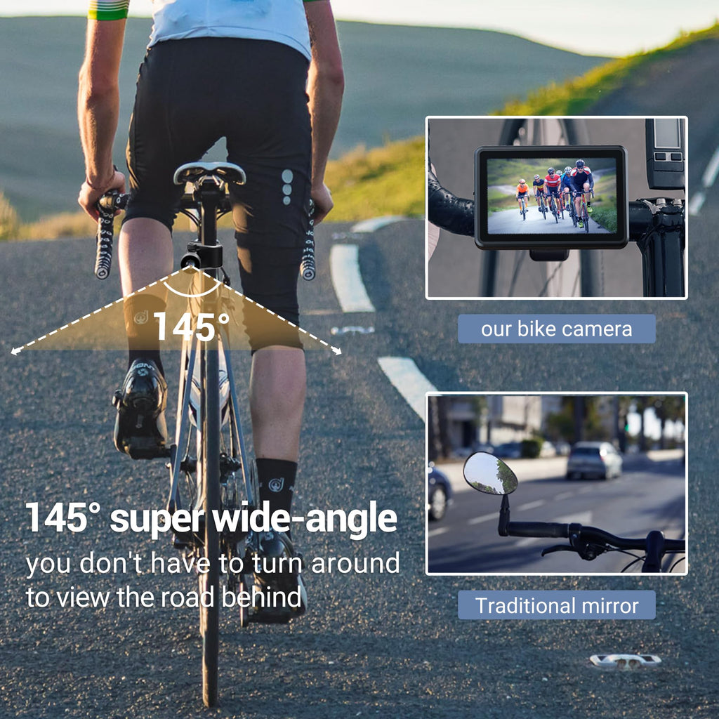 Feisike Handlebar Bike Mirror, Bicycle Rear View Camera With 4.3'' Hd Night Vision Function, 145    Wide Angle View, Adjustable
