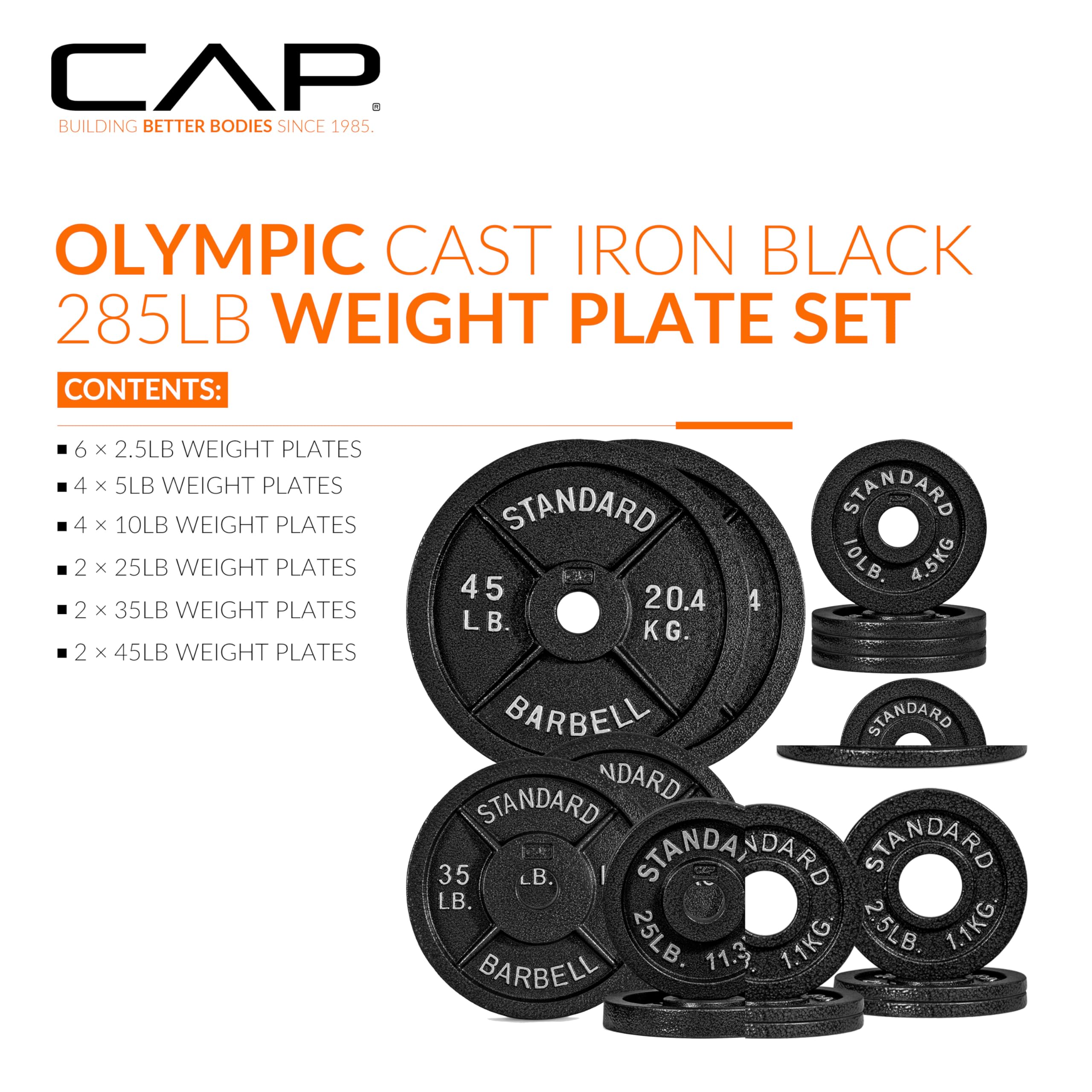 CAP Barbell 285 LB Classic Olympic 2-Inch Cast Iron Weight Plate Set | Black