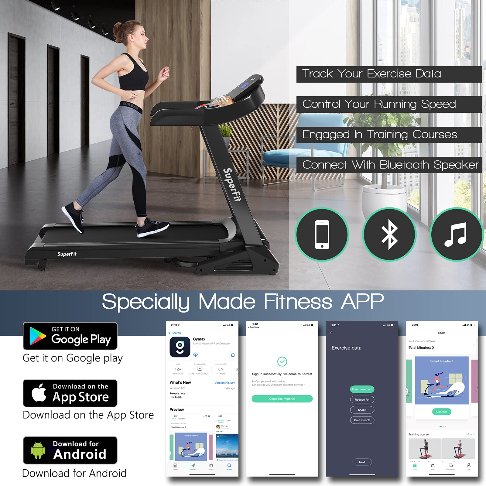 Goplus 3.75Hp Folding Treadmill With Incline, Electric Superfit Treadmill W/App Control, 12 Preset & 3 Custom Programs, Blue Too
