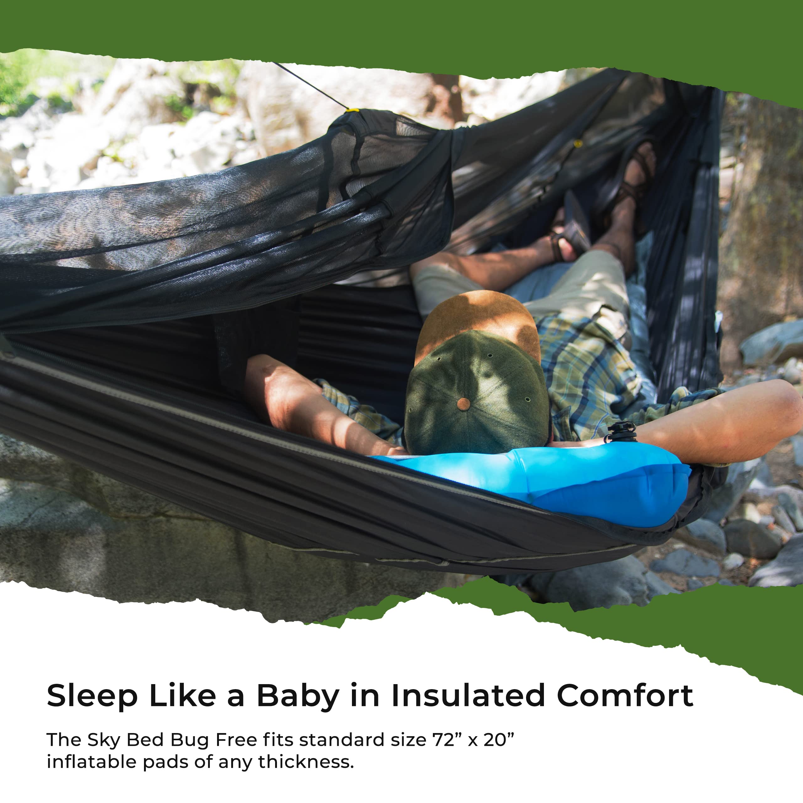 Hammock Tent With Bug Net - Insect Free Hammock Tent, Asymmetrical Design & Integrated Inflatable Pad Sleeve For A Lay Flat & In