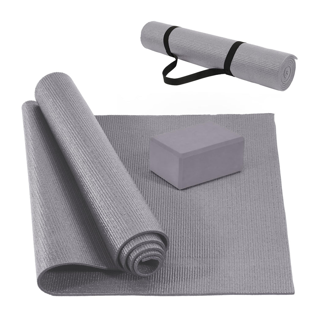 Fitvids All Purpose 1/4-Inch High Density Anti-Tear Exercise Yoga Mat With Carrying Strap And Yoga Blocks, Gray