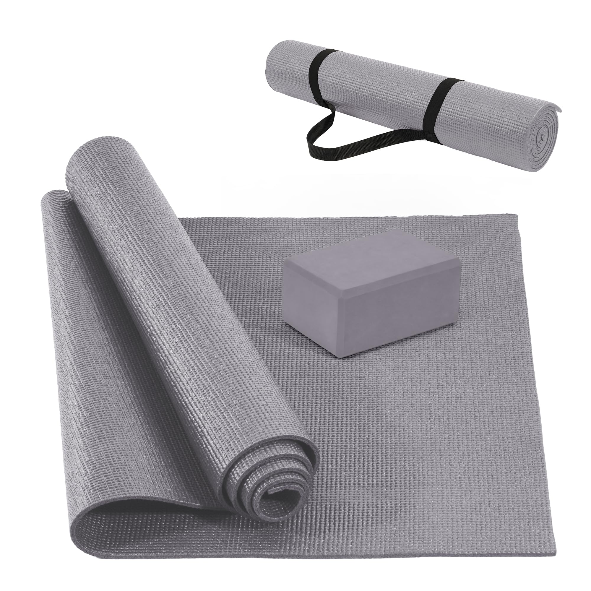 Fitvids All Purpose 1/4-Inch High Density Anti-Tear Exercise Yoga Mat With Carrying Strap And Yoga Blocks, Gray
