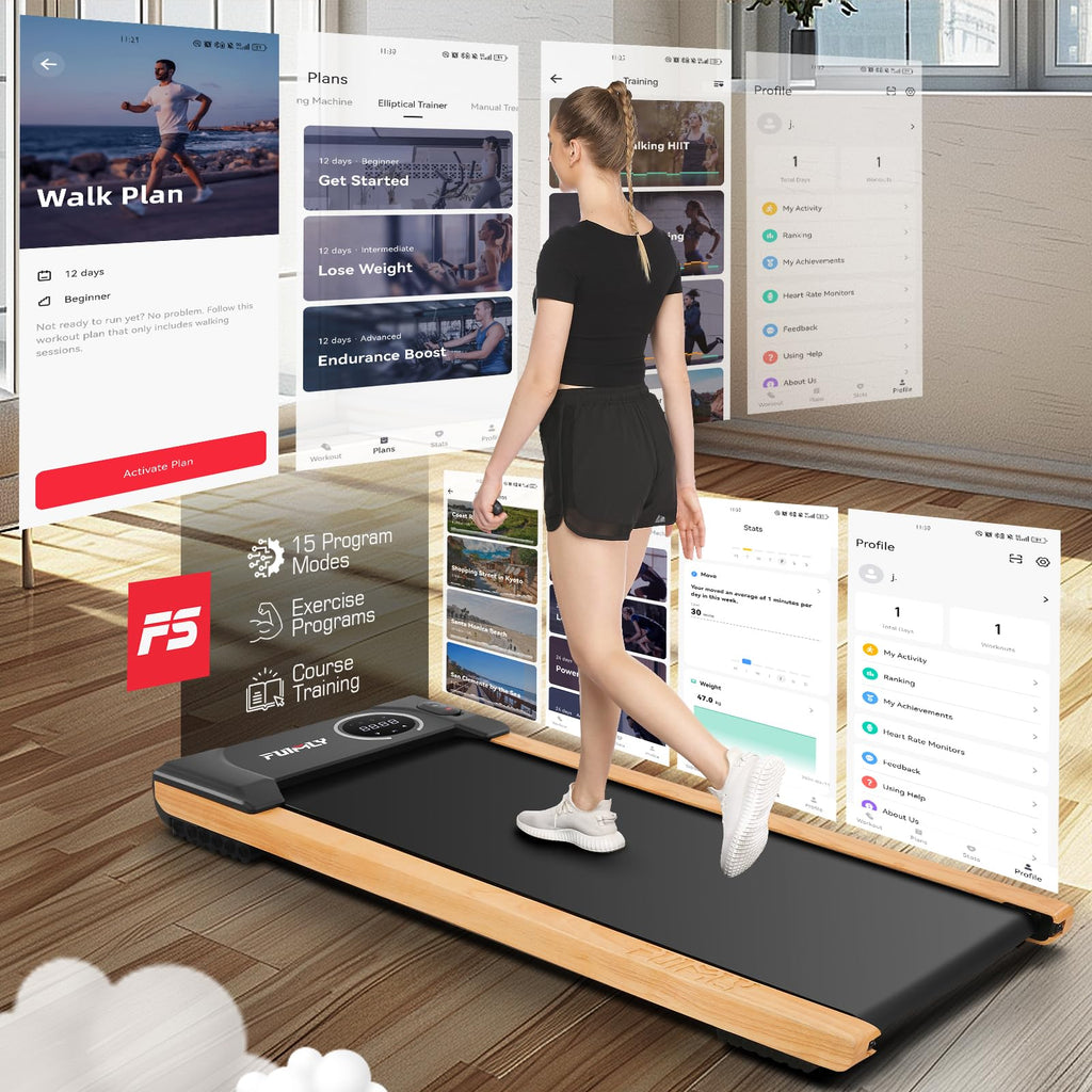 Funmily Walking Pad Treadmill With Incline,2.5Hp Brushless Wooden Under Desk Treadmill With Smart App,300 Lb Capacity,2 In 1 Por