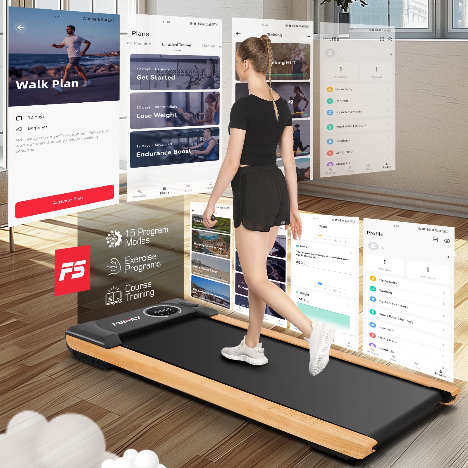 Funmily Walking Pad Treadmill With Incline,2.5Hp Brushless Wooden Under Desk Treadmill With Smart App,300 Lb Capacity,2 In 1 Por