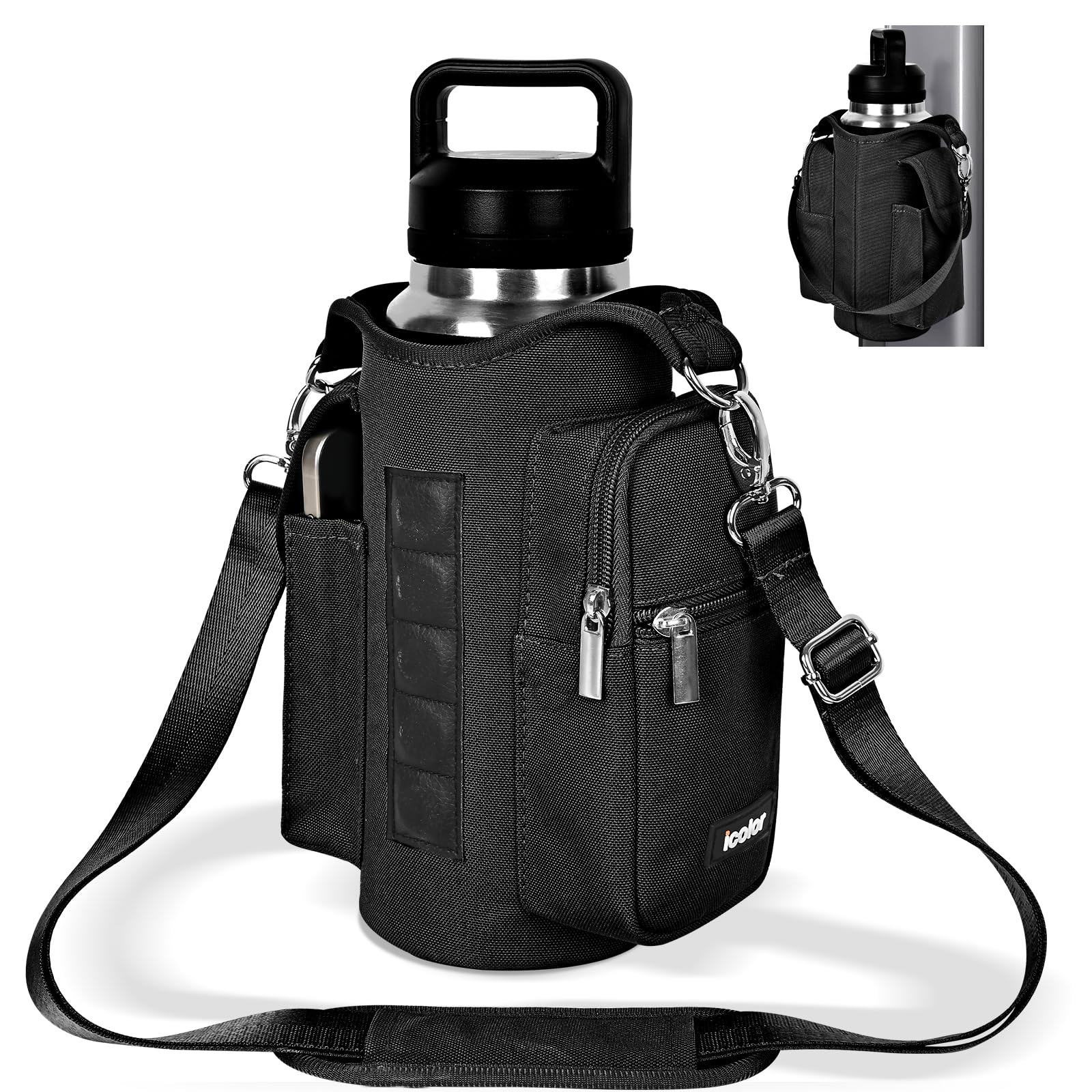 icolor Black Magnetic Gym Bag Water Bottle Carrier Holder with Phone Pockets & Strap,Nylon Gym Magnetic Bag 5 Built-in Magnets G