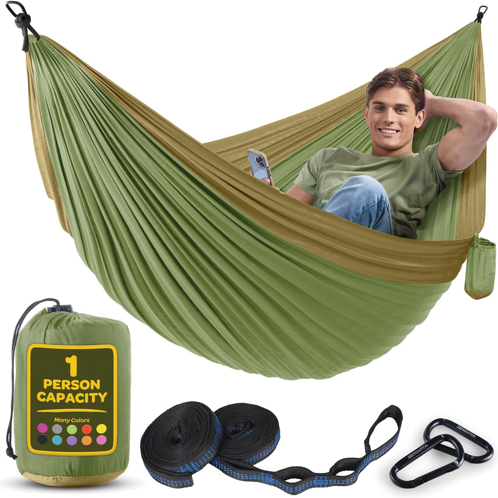 Durable Hammock 400 Lb Capacity, Nylon Camping Hammock Chair - Double Or Single Sizes W/Tree Straps And Attached Carry Bag - Por