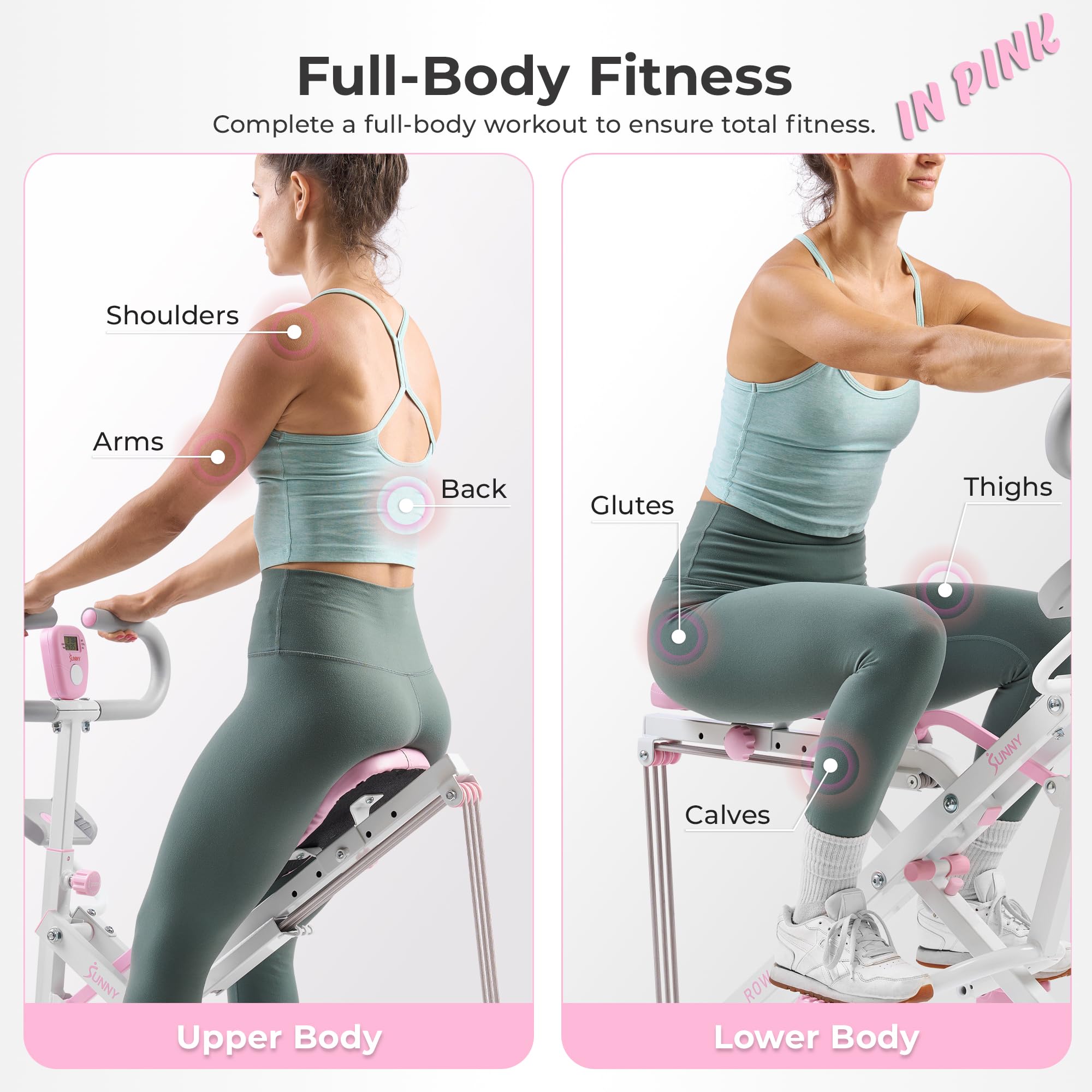 Sunny Health & Fitness Pink Row-N-Ride Plus, Squat Assist Trainer for Glutes and Full Body Workout, 330 LB Capacity, Adjustable