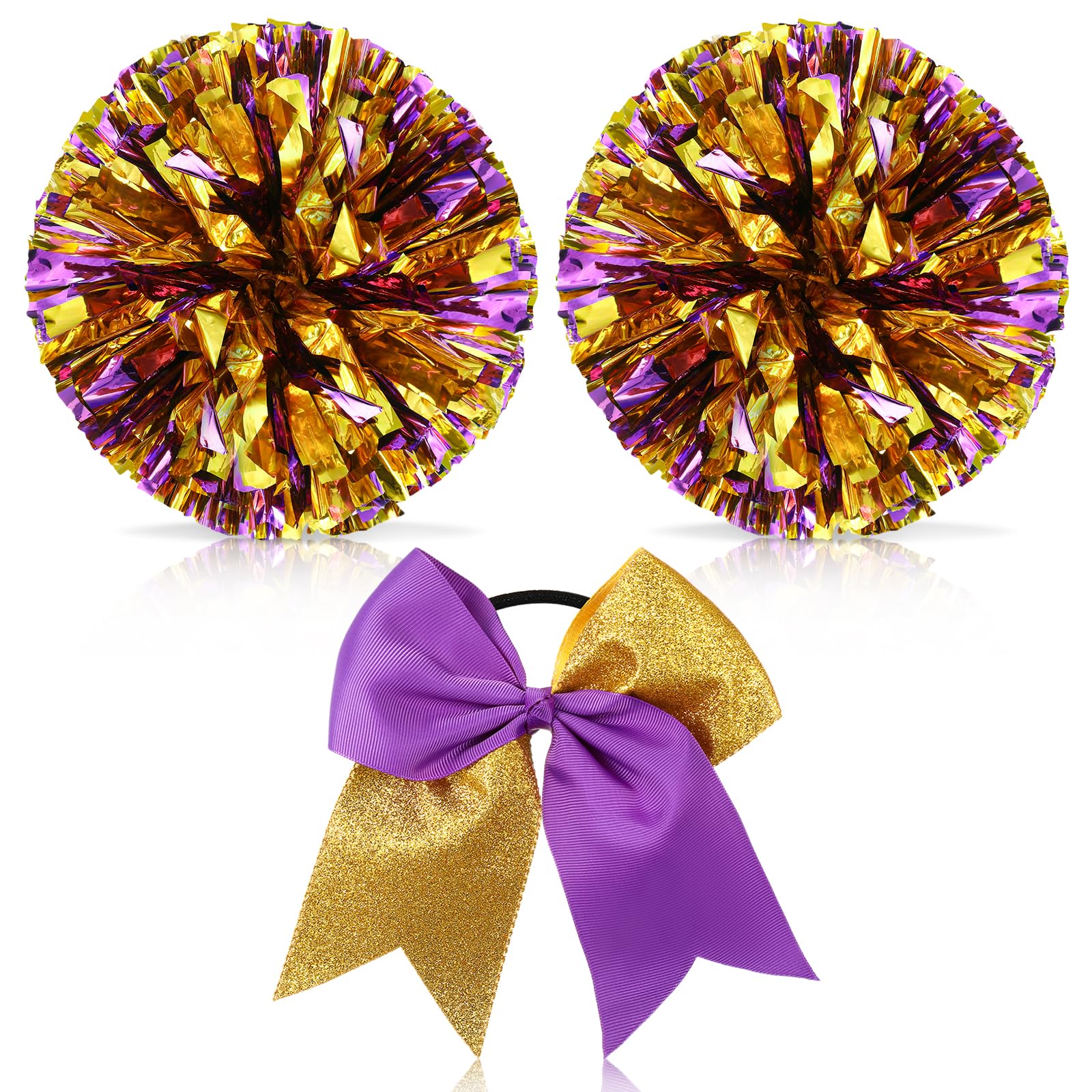 Hanaive 12 Inch Cheerleading Pom Poms and Large Cheerleader Hair Bow Large Metallic Cheer Cheerleader Pom Poms for Sports Team S