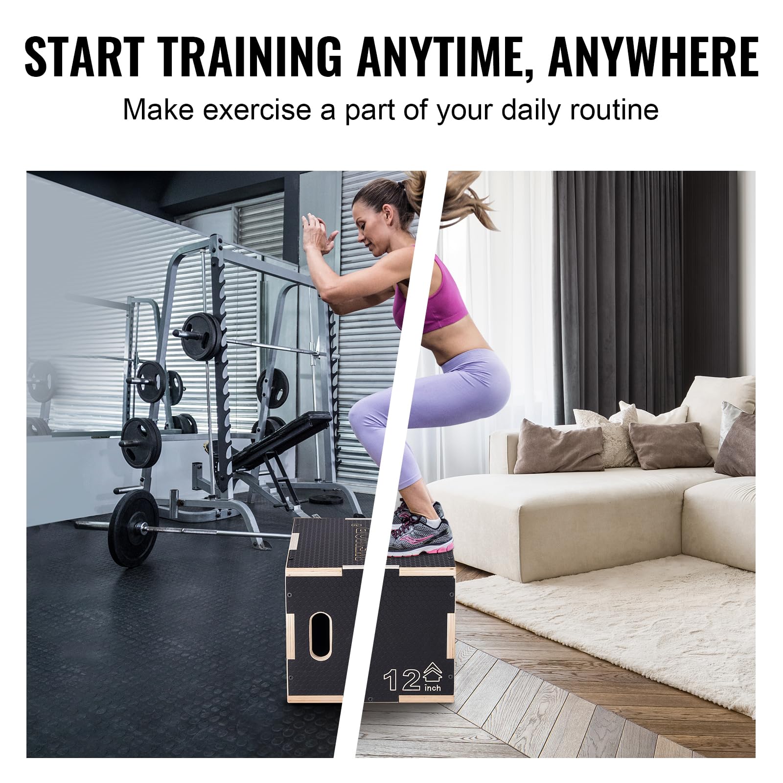 Vevor 3 In 1 Plyometric Jump Box, 16/14/12 Inch Wooden Plyo Box, Platform & Jumping Agility Box, Anti-Slip Fitness Exercise Step