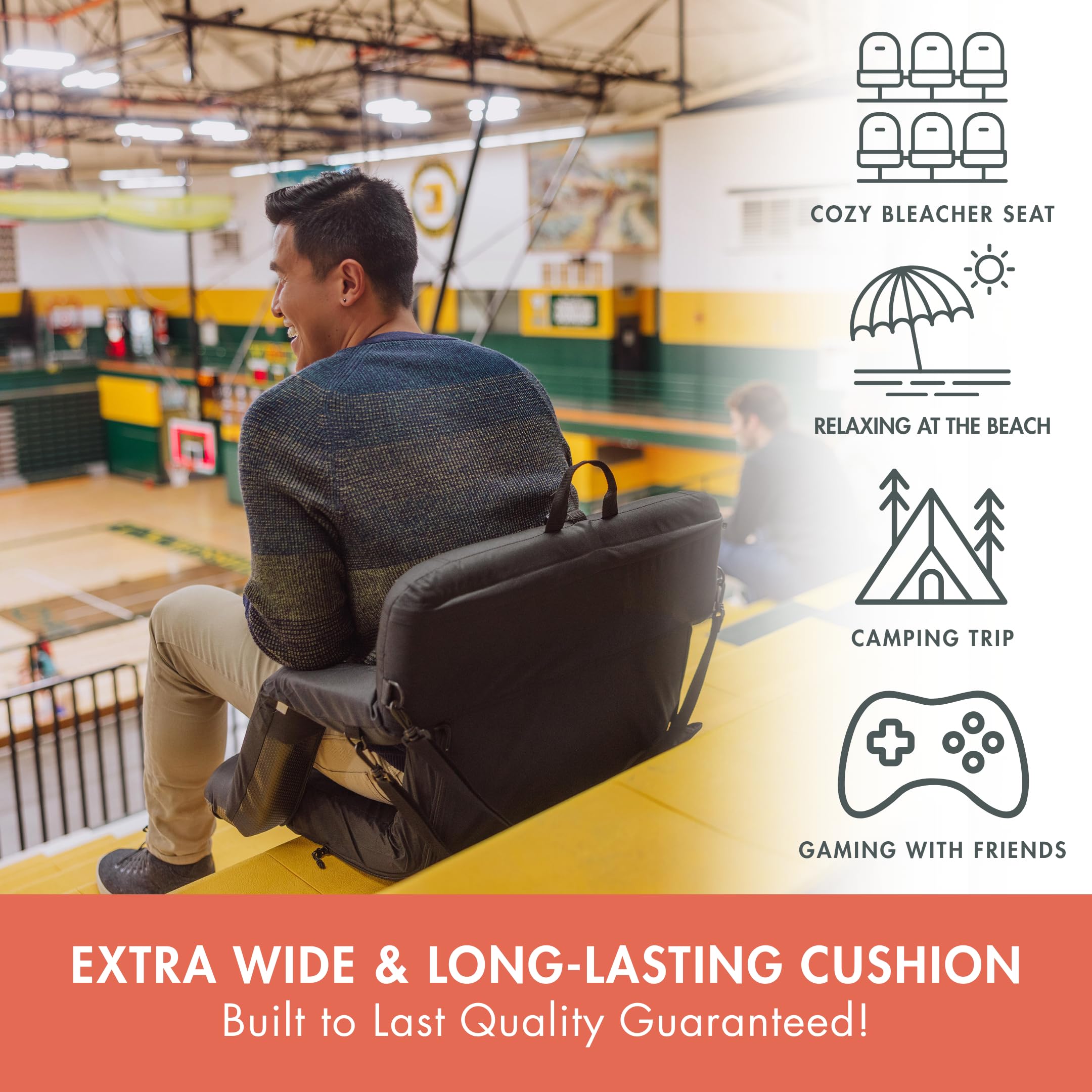PICNIC TIME Ventura XL Portable Reclining Stadium Seat with Back Support, Folding Bleacher Chairs with Back and Cushion, Thick P