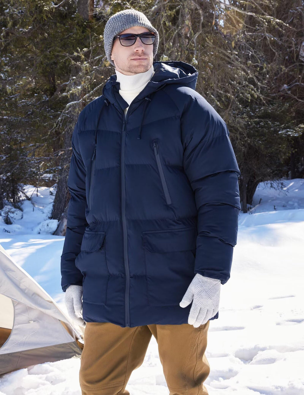 Rejork Men s Long Winter Coat Hooded Warm Quilted Jacket Water-resistant Cold Weather Parka Navy S