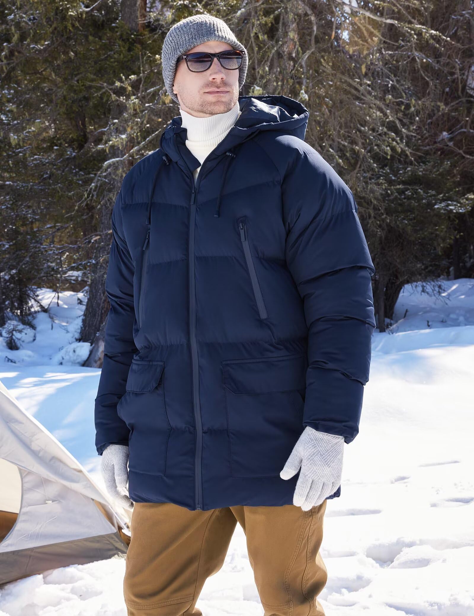 Rejork Men s Long Winter Coat Hooded Warm Quilted Jacket Water-resistant Cold Weather Parka Navy 3XL