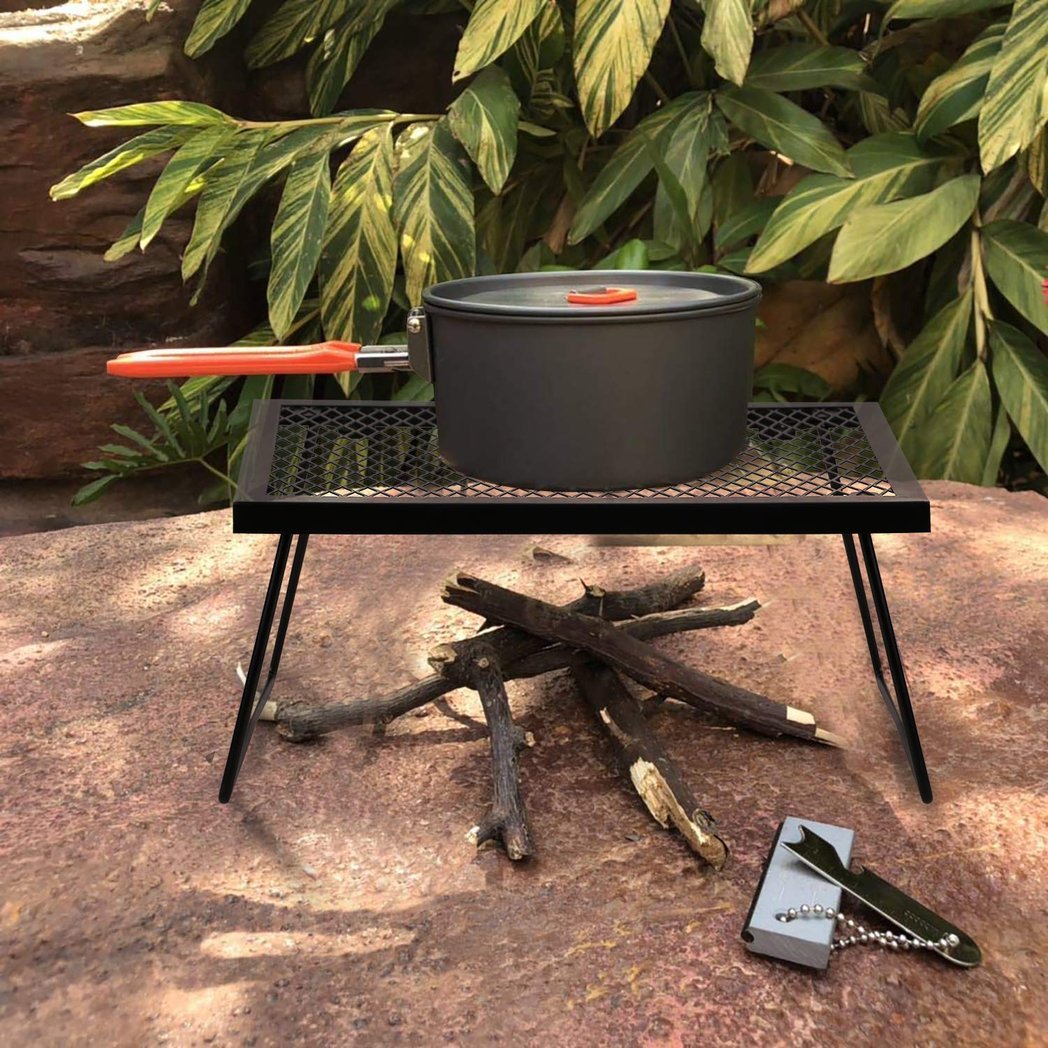 Campmax Folding Campfire Grill Grate, Portable Heavy Duty Steel Over Fire Camp Grill For Outdoor Camping Cooking Fire Pit, Black