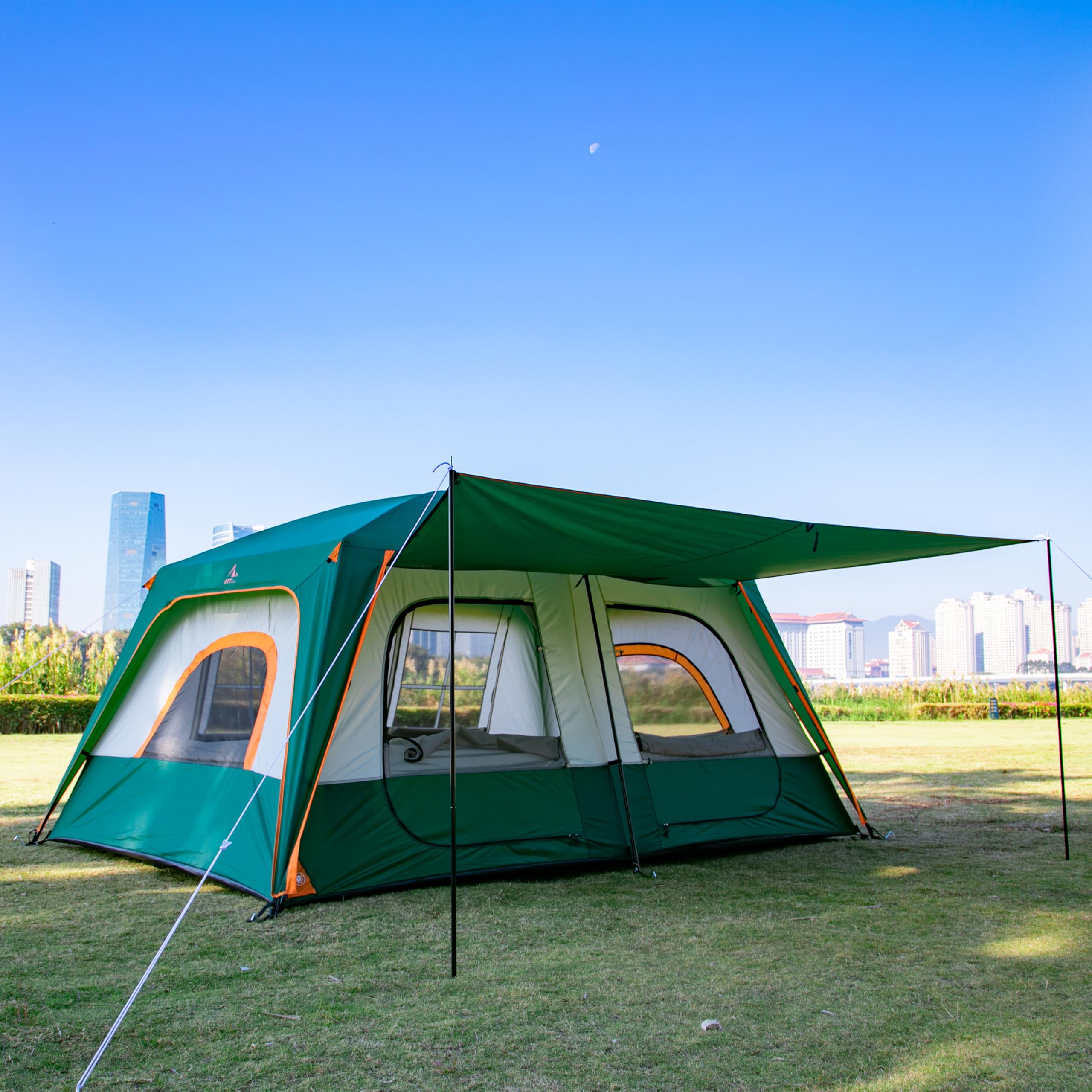 Ktt Extra Large Tent 8-10 Person,Family Cabin Tents,2 Rooms,3 Doors And 3 Windows With Mesh,Straight Wall,Waterproof,Double Laye