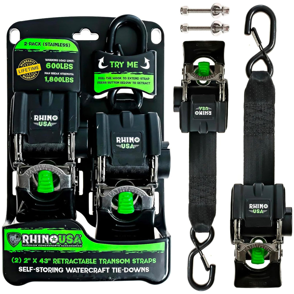Rhino Usa Retractable Boat Trailer Straps (2-Pack)-Heavy Duty 2 Inch X 43 Inch Boat Tie Down Straps-Ultimate Trailer Mount Trans