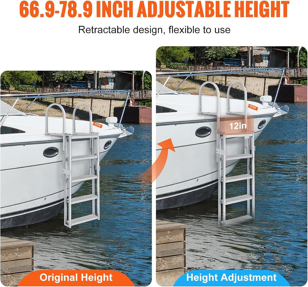 Vevor Retractable Dock Ladder 5 Steps, Aluminum Sliding Pontoon Boat Ladder With 48''-60'' Adjustable Height, 4'' Wide Nonslip P