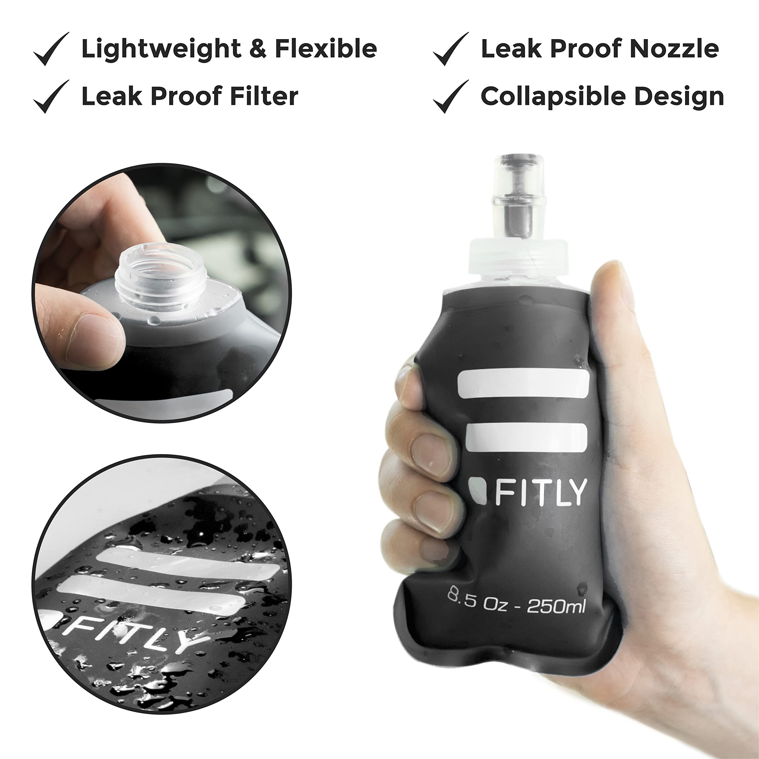 Fitly Soft Flask - 8.5 Oz (250 Ml) - Shrink As You Drink Soft Water Bottle For Hydration Pack - Folding Water Bottle For Running