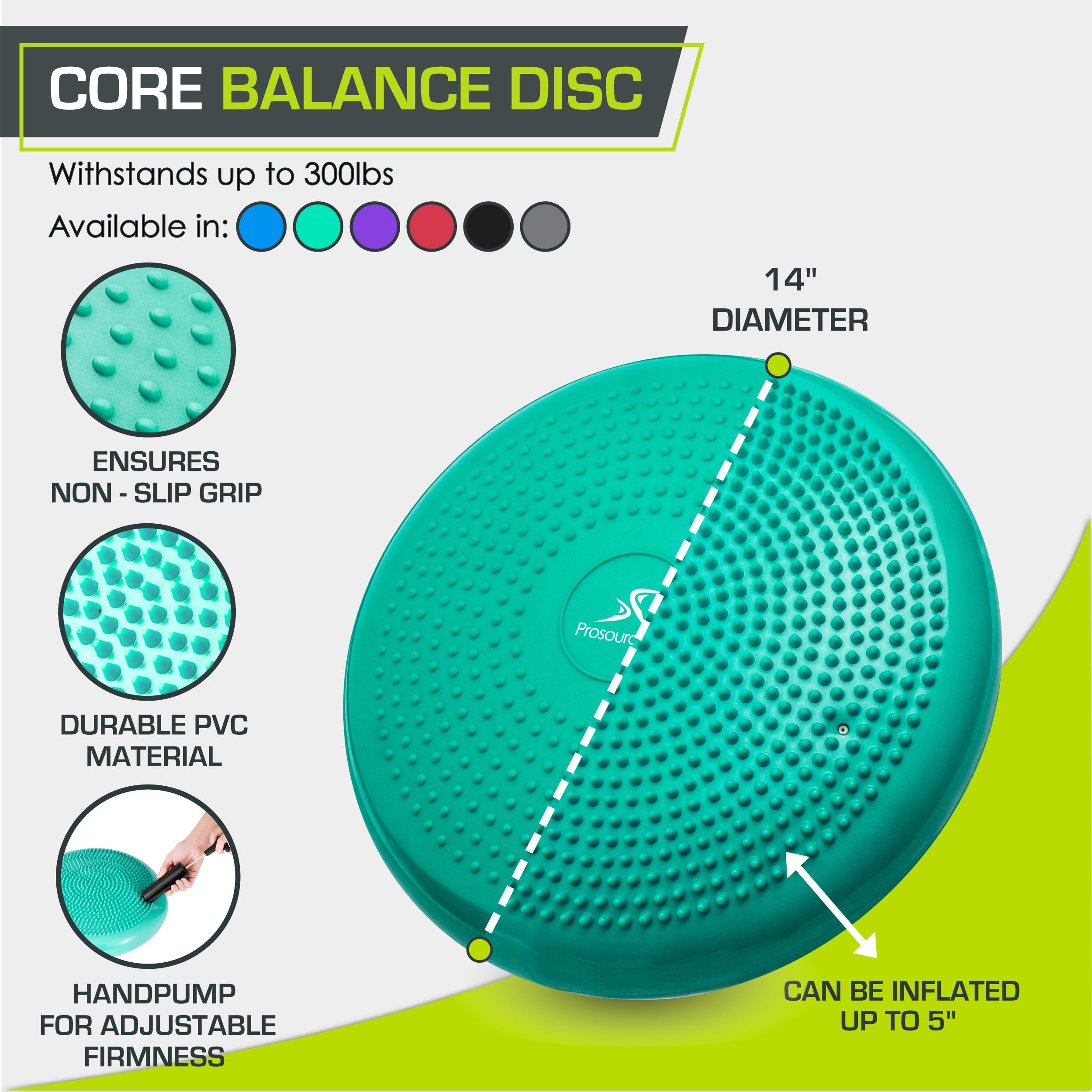 Prosourcefit Core Balance Disc Trainer, 14 Diameter With Pump For Improving Posture, Fitness, Stability, Green