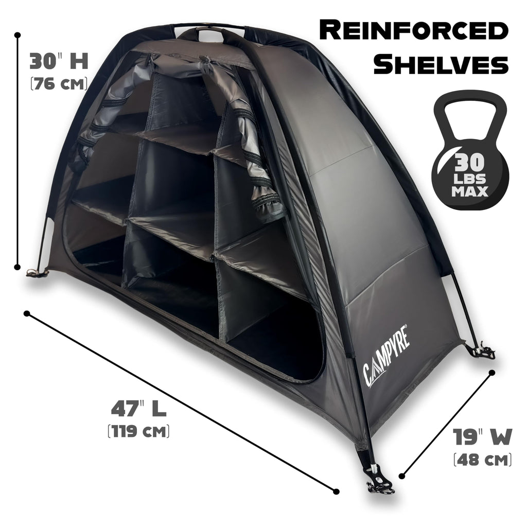 Campyre - Tent & Rv Camping Organizer With Zippered Flap, 9-Shelf Storage. Rv Shoe Organizer, Dining Tent Organizer. Organize An