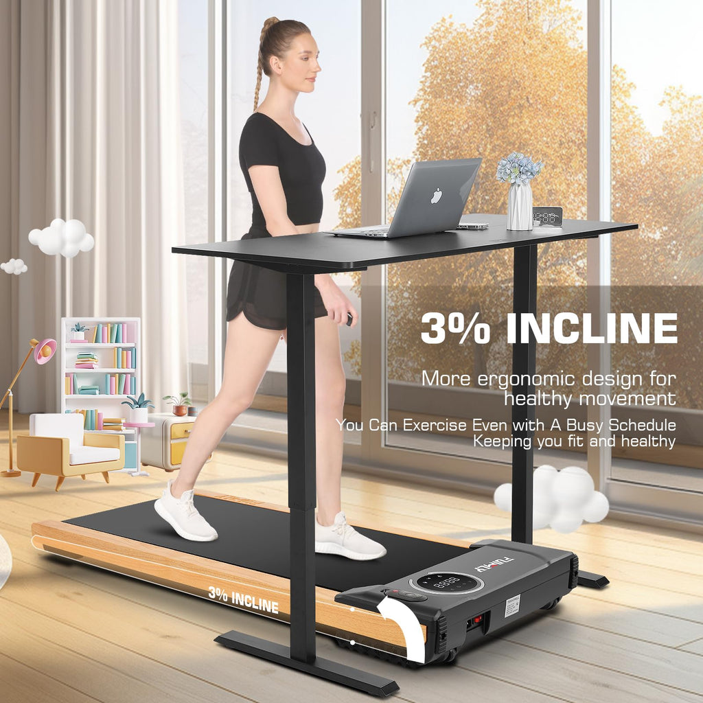 Funmily Walking Pad Treadmill With Incline,2.5Hp Brushless Wooden Under Desk Treadmill With Smart App,300 Lb Capacity,2 In 1 Por