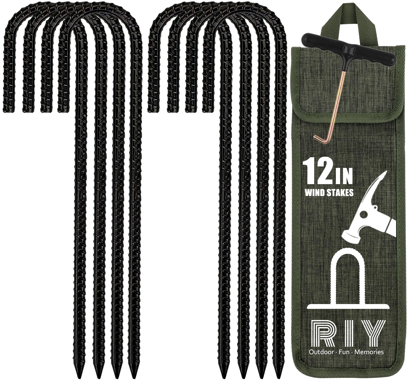 RIY Trampoline Stakes Anchors High Wind Heavy Duty Tent Stakes 12 Inch Ground Anchor Trampoline Accessories with T Hook - J Shap
