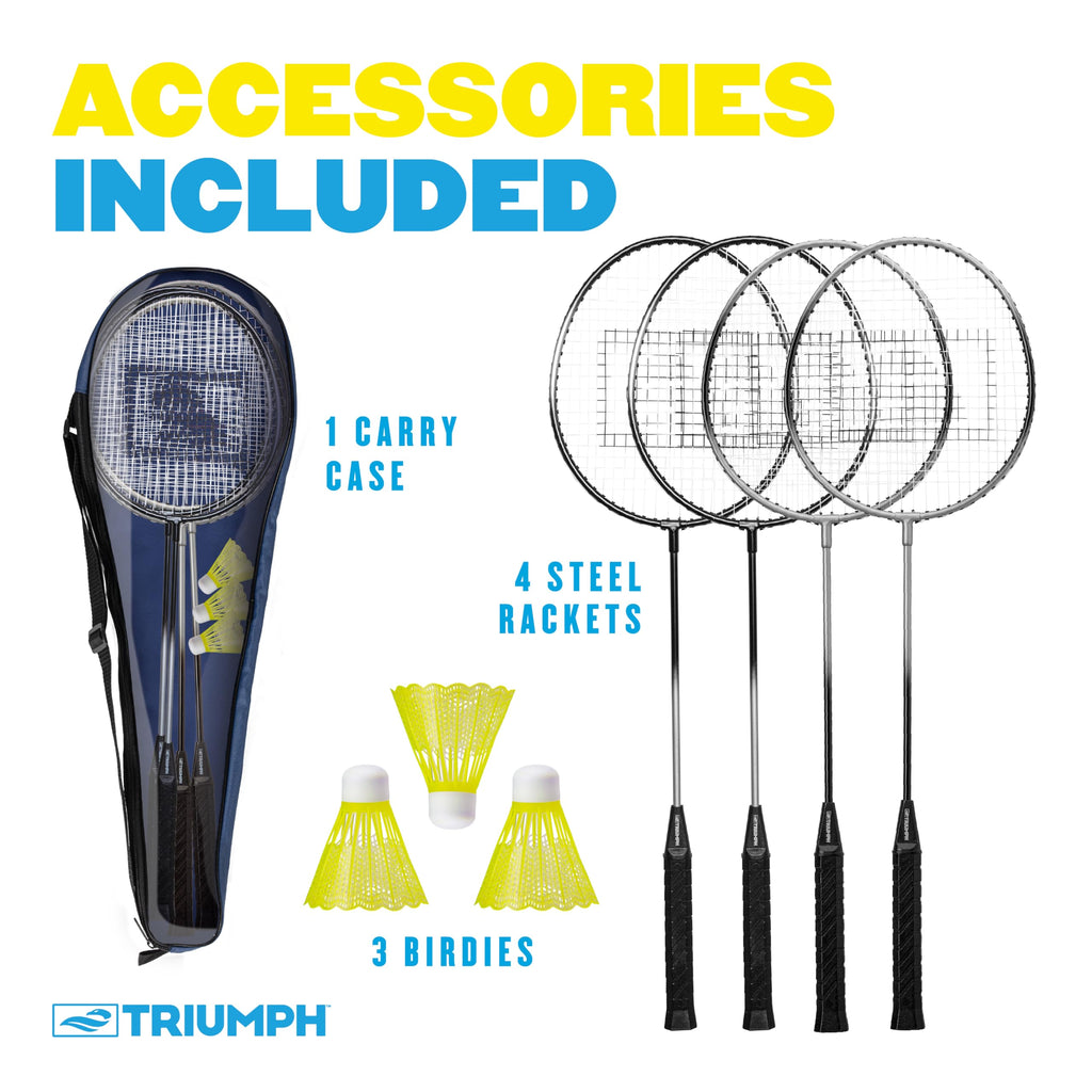 Triumph Sports 4-Player Badminton Set with 4 Rackets, 3 Shuttlecocks and 1 Carry Case, Black
