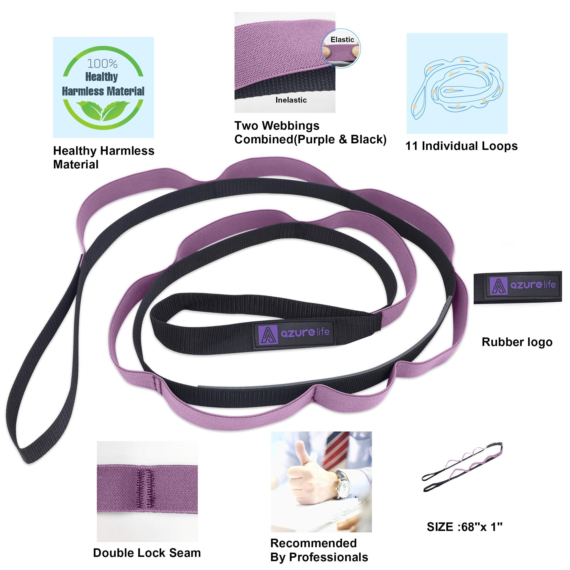 A Azurelife Stretch Strap With 11 Loops, Half Elastic Stretching Strap Band - Stretch Tool For Yoga Physical Therapy, Dance And