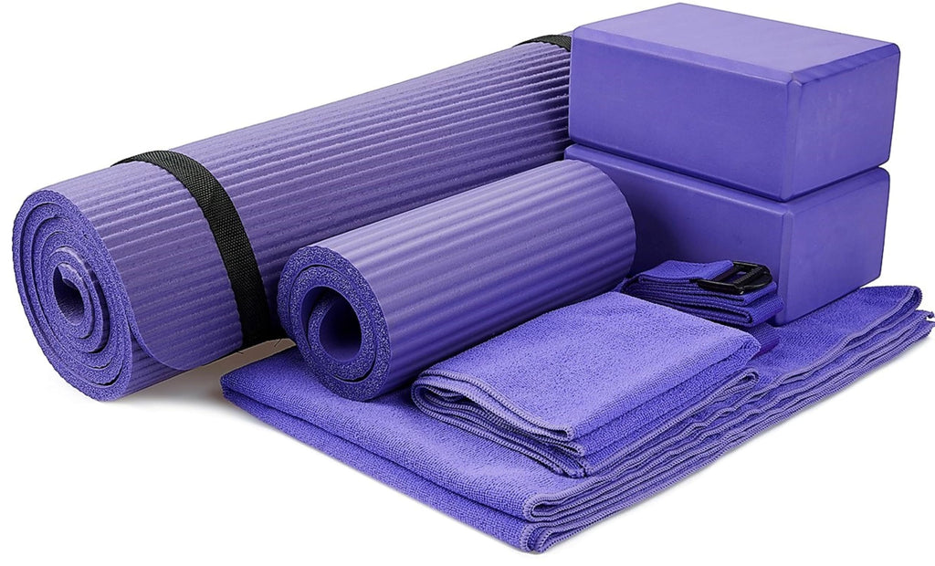 Balancefrom Goyoga 7-Piece Set - Include Yoga Mat With Carrying Strap, 2 Yoga Blocks, Hand Towel And Knee Pad (Purple, 1/2''-Thi