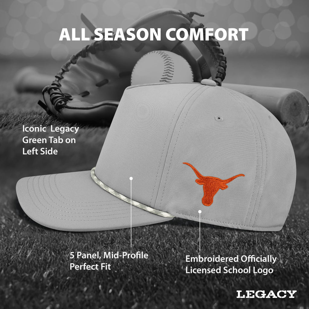 Legacy NCAA Officially Licensed Rope Hat, Texas Longhorns, Lightweight Cap for Men & Women, Caddy Adjustable (Caddy), Grey/Grey