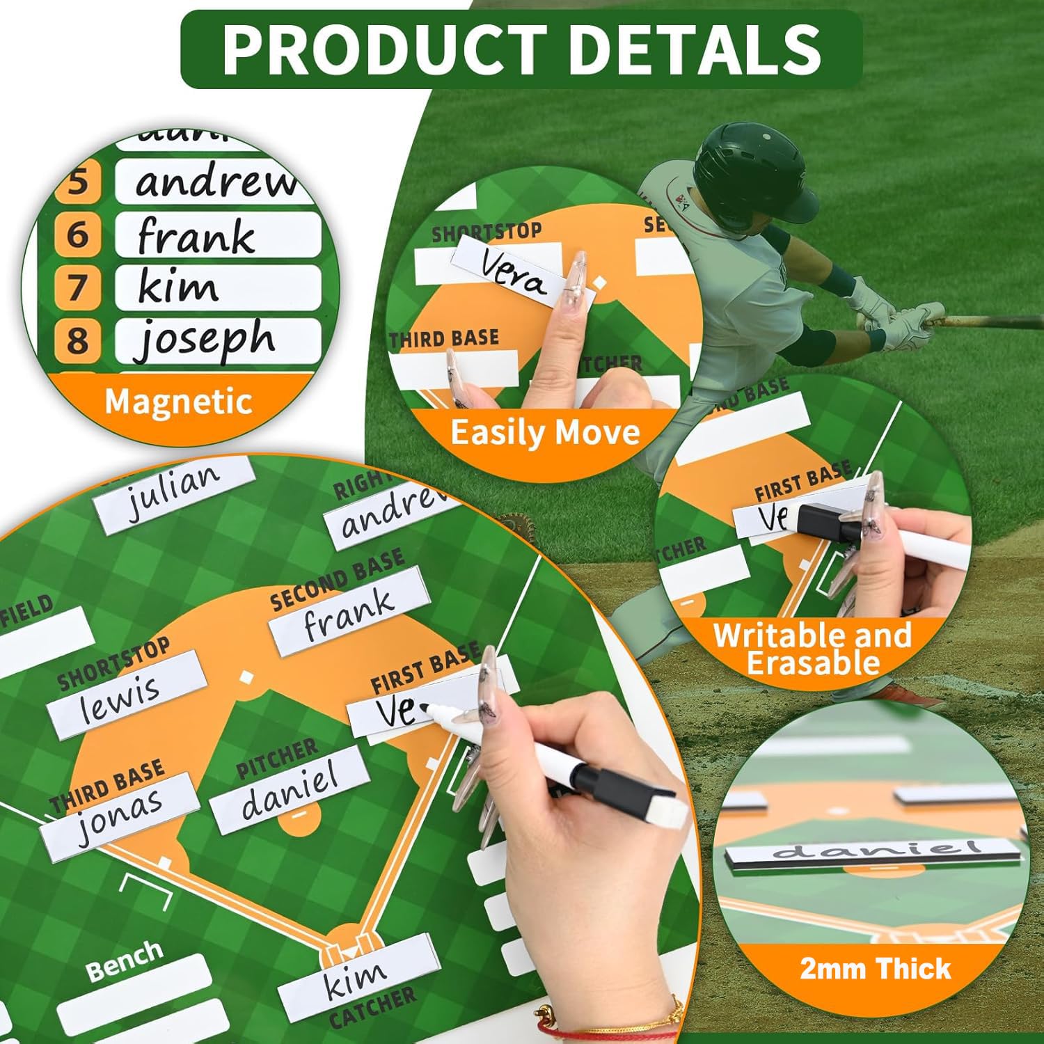 Magnetic Baseball Lineup Board For Dugout, Suveus Baseball Clipboard For Coaches, Softball Lineup Cards Marker Boards (Green)