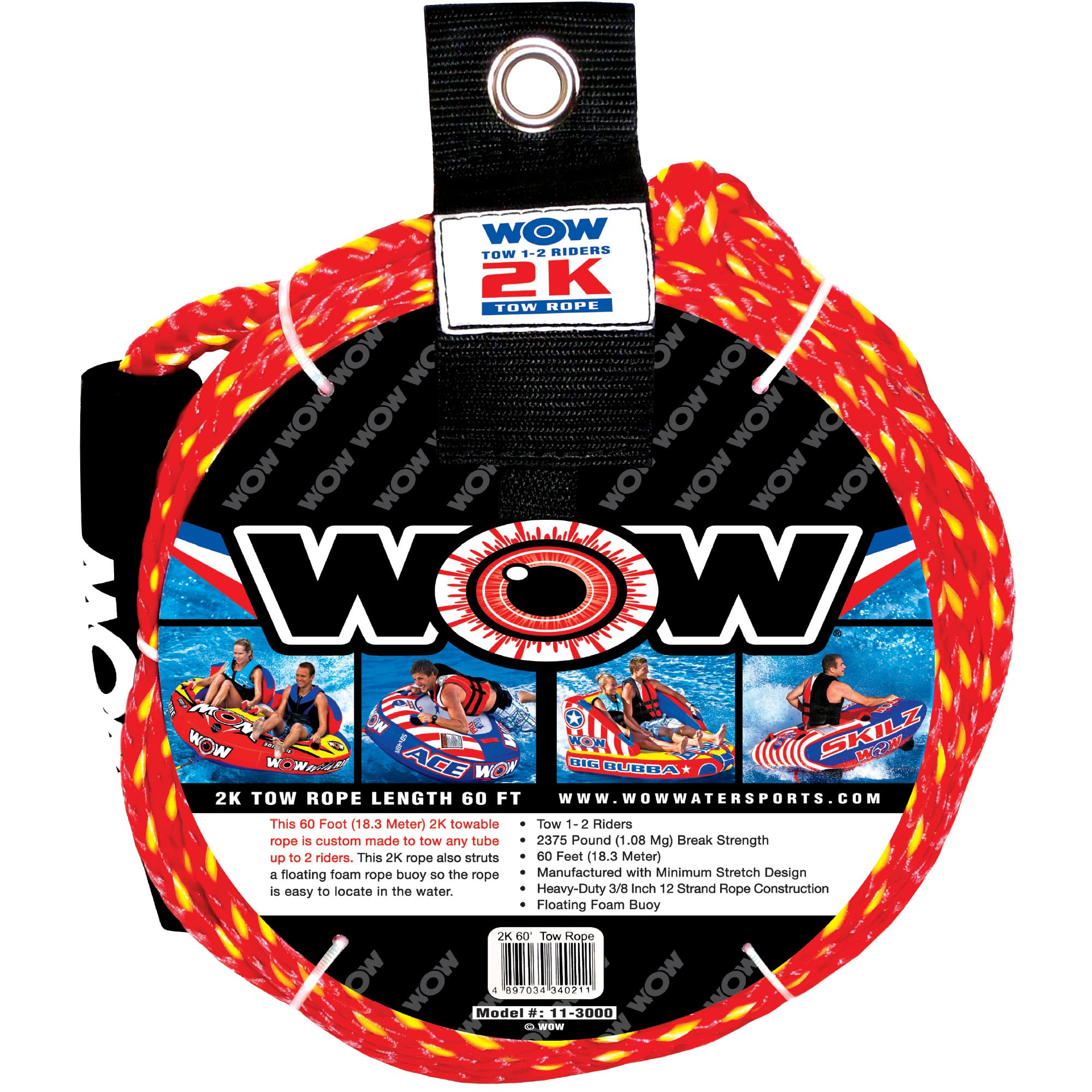 Wow Sports World Of Watersports 2K 60 Ft. Tow Rope With Floating Foam Buoy 1 Or 2 Person Tow Rope For Boating, 11-3000, Red