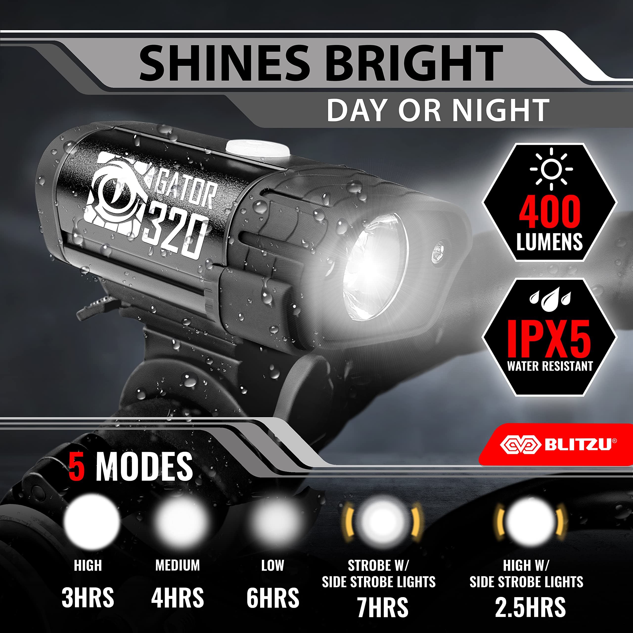Stocking Stuffers For Men - Blitzu Gator 320 Rechargeable Bike Light Set - Night Riding Accessories, Cool Gadgets White Elephant