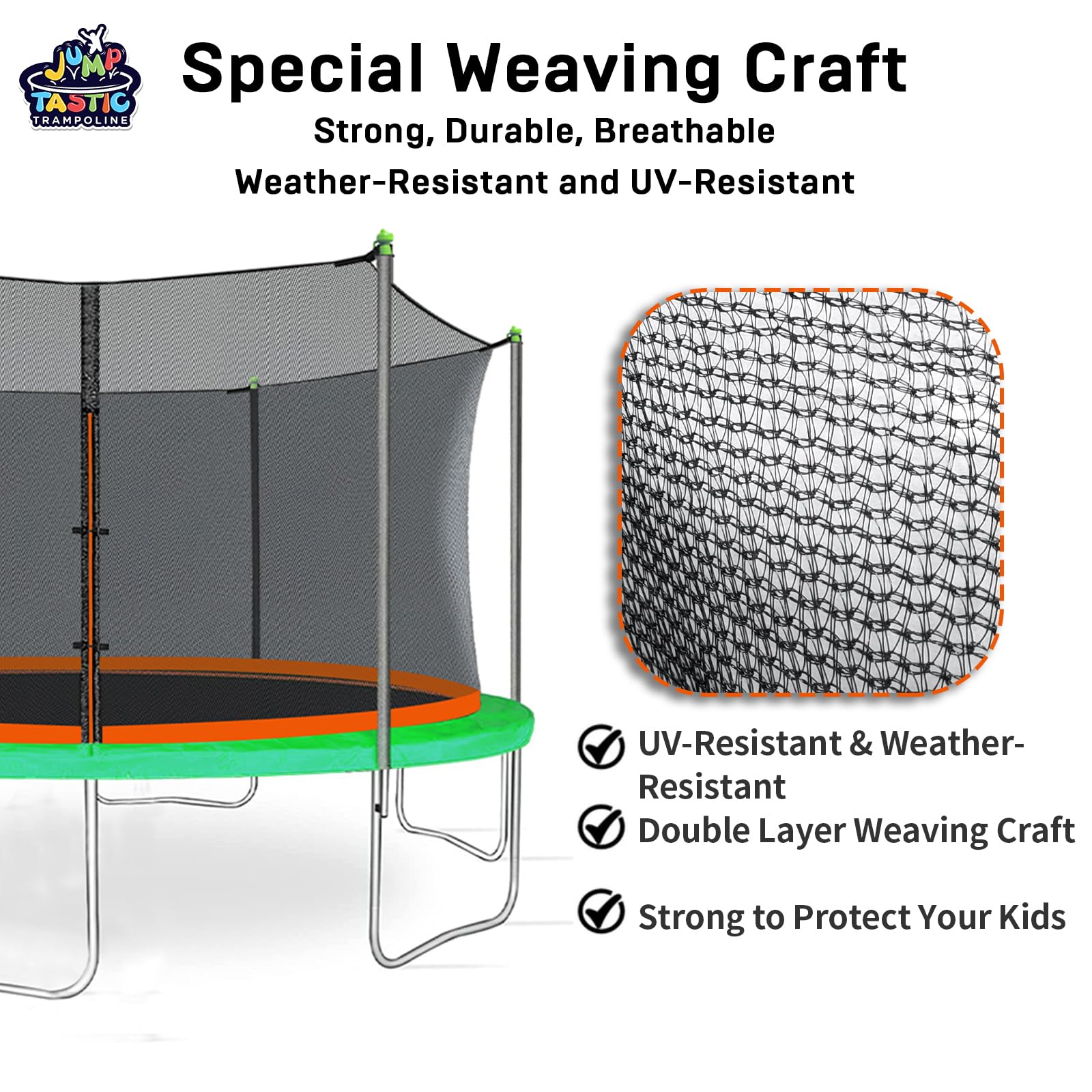 14Ft Trampoline Net Replacement With 6 Enclosure Pole Caps, Trampoline Replacement Enclosure Net Round Safty Uv-Resistant Weathe